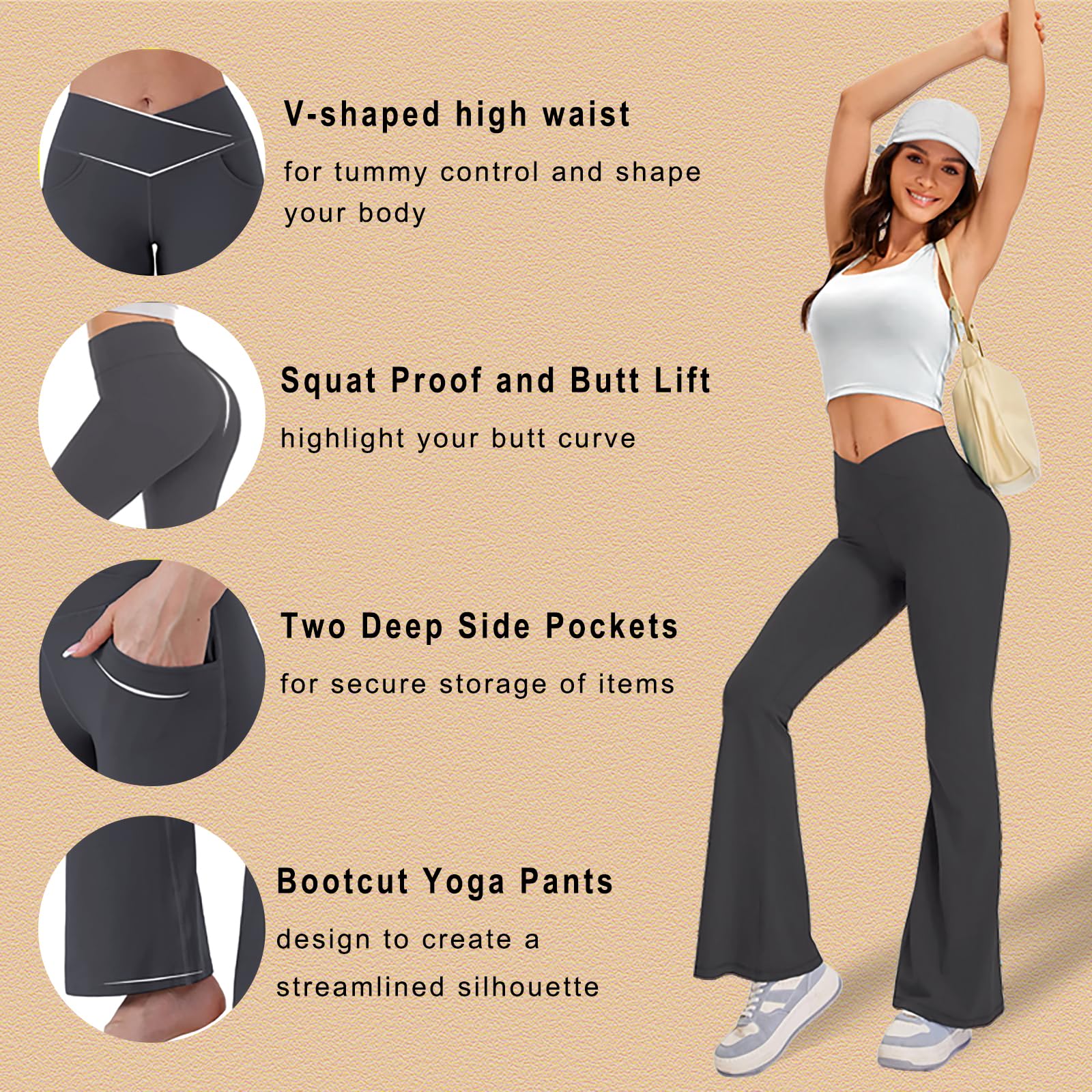 JADD Women's High Waisted Flare Yoga Pants with Pockets - Tummy Control Bootcut Leggings for Workout, Yoga & Casual Wear | Crossover Design Dress Pants for Women