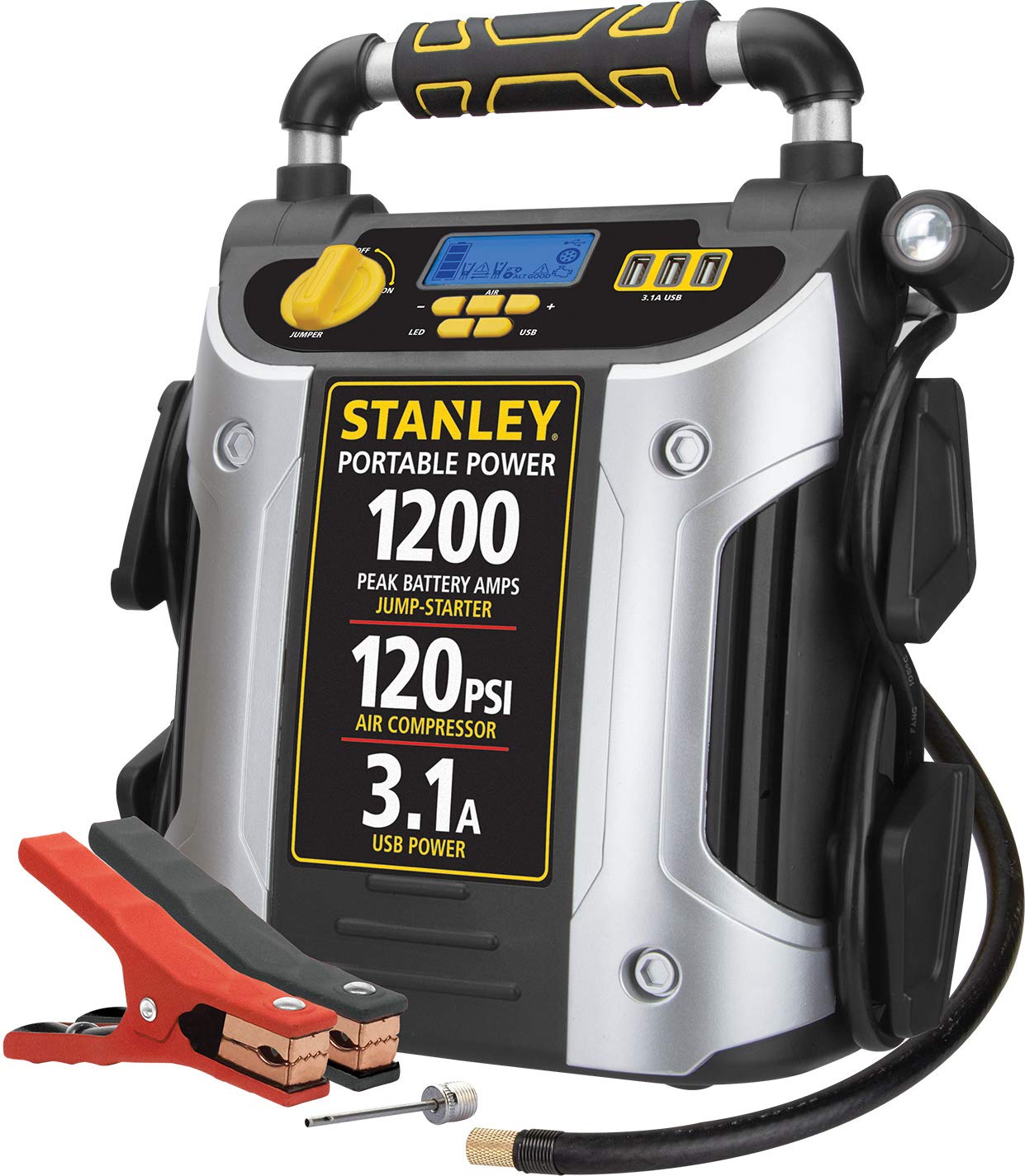 Stanley J5C09D 1200 Peak Amp Portable Car Jump Starter with 2.1A USB Port & 120 PSI Air Compressor – Emergency Vehicle Battery Booster for Cars, Trucks, SUVs – Perfect for Roadside Assistance and Outdoor Adventures