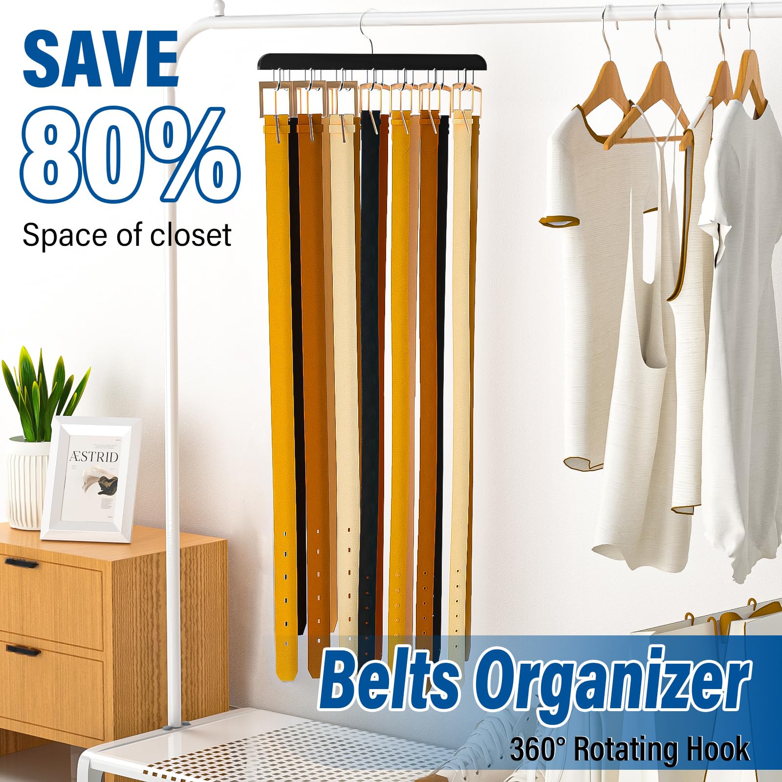 Wooden Belt Hanger Organizer with 14 Hooks - 360° Rotating Rack for Belts & Ties - Holds Up to 42 Belts - Space Saving Closet Storage Solution - Perfect for Home, Office & Travel Organization (2-Pack)