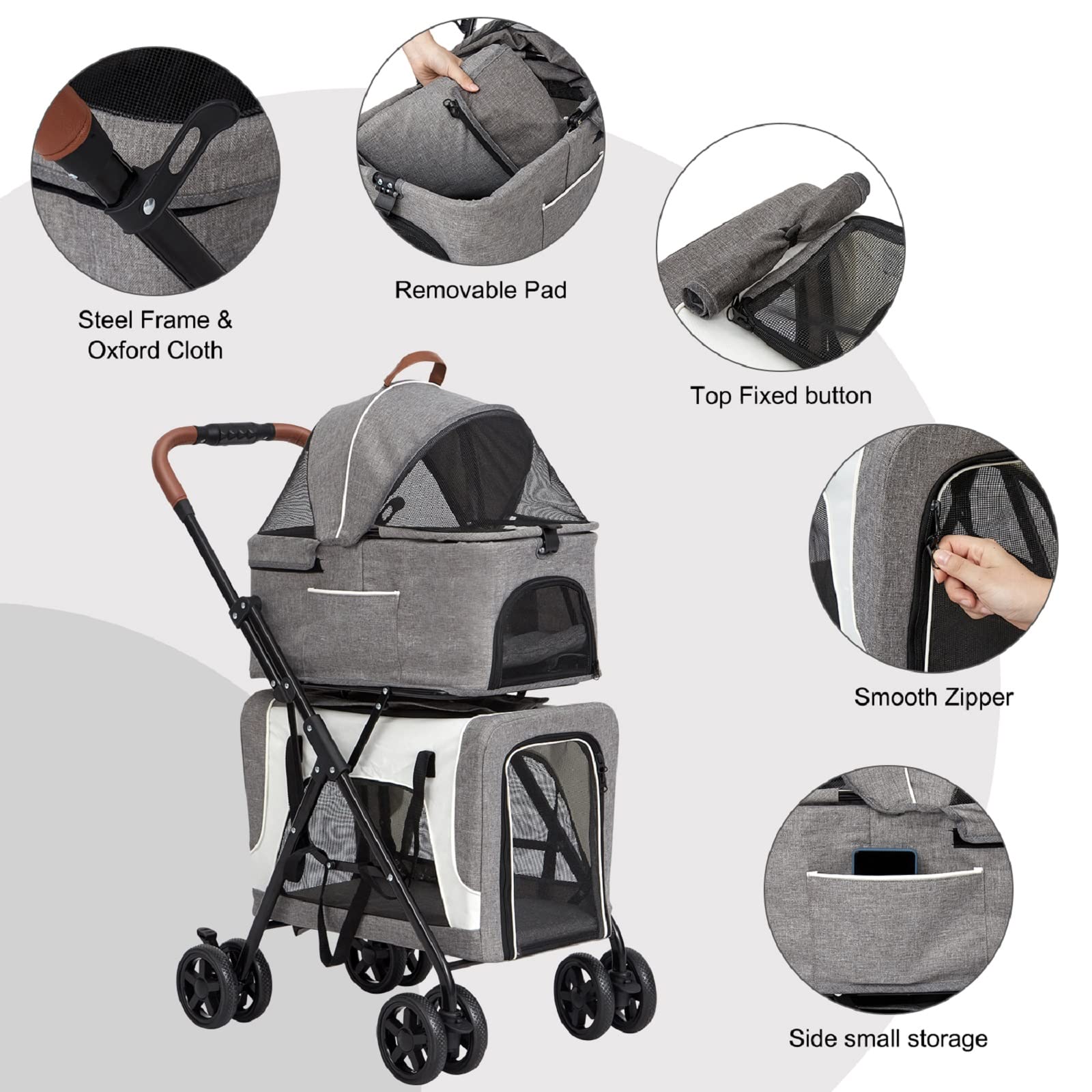 Premium 2-in-1 Pet Stroller for Small Dogs & Cats - Double Pet Carrier with Detachable Jogging Wheels, Safety Belt & Storage Pockets | Perfect for Outdoor Walks, Jogging, Vet Visits & Shopping Trips (Grey)