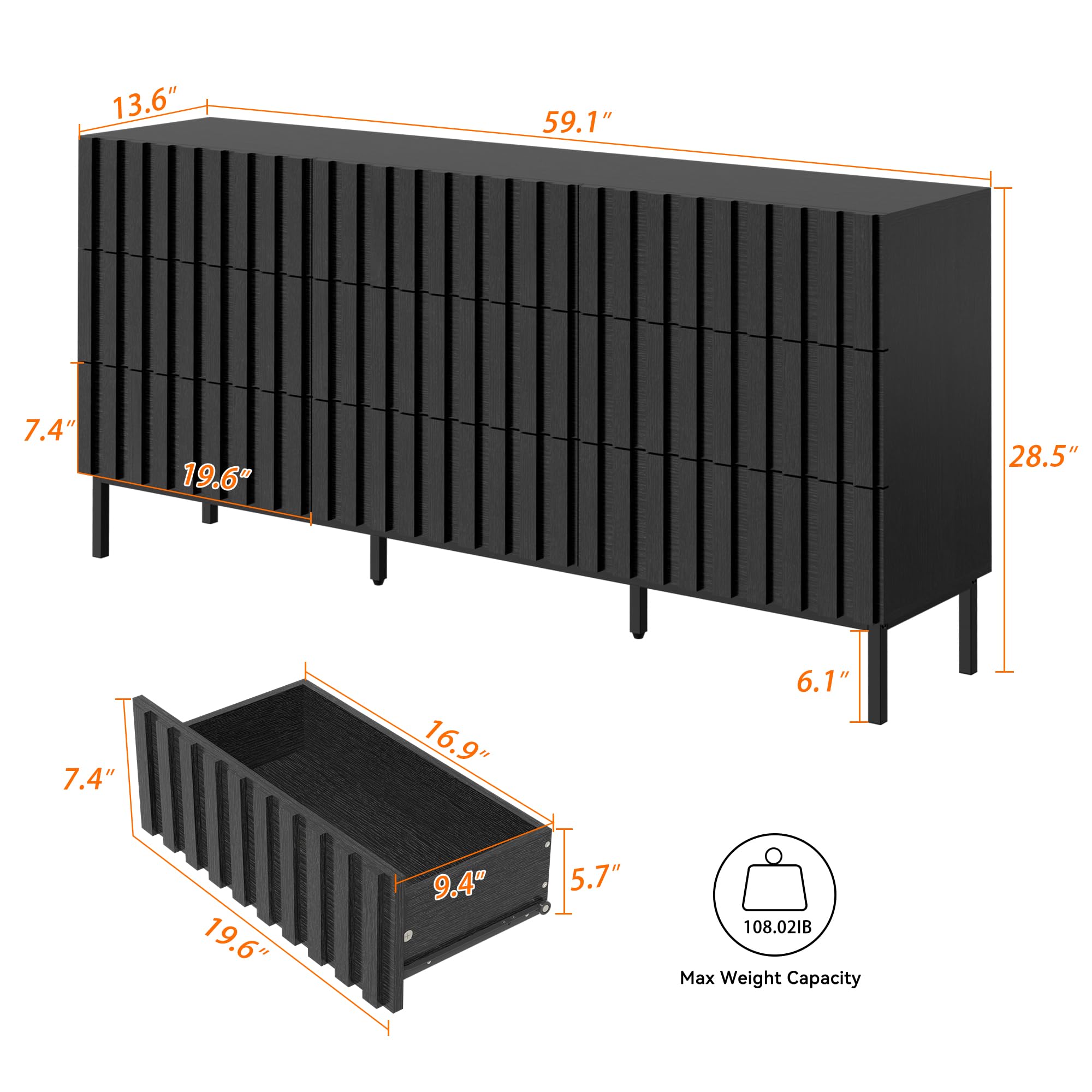 Black 9-Drawer Dresser and Nightstand Set - Modern Fluted Bedroom Chest of Drawers with Matching Nightstands (3-Piece) | Perfect for Master Bedroom, Guest Room & Apartment Furniture
