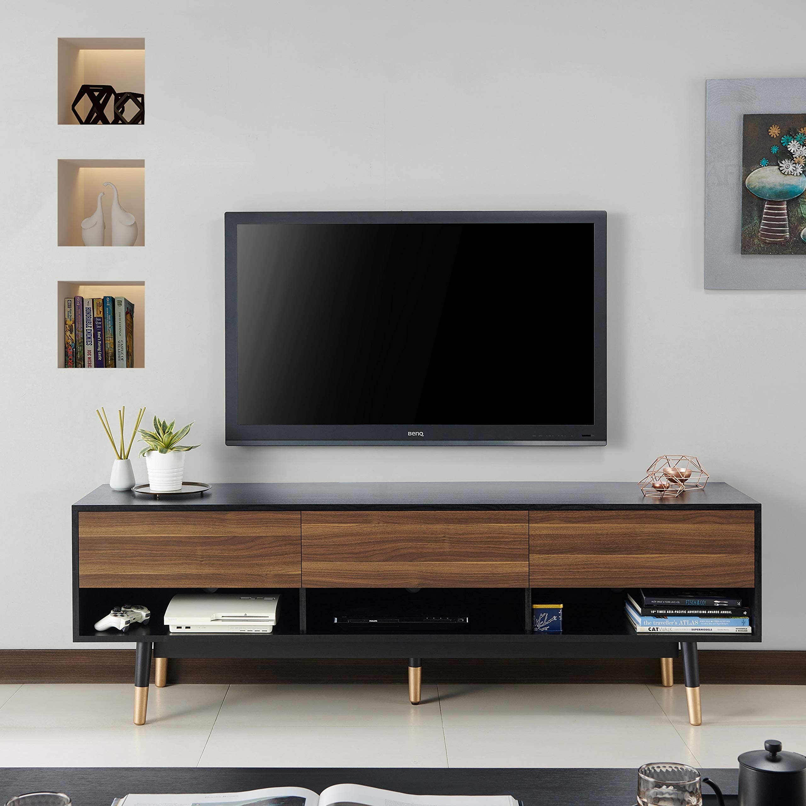 Mid-Century Modern TV Stand with Drawers - Black & Brown MDF Wood Walnut Finish - Includes Hardware - Perfect for Living Room, Bedroom & Home Theater Setup