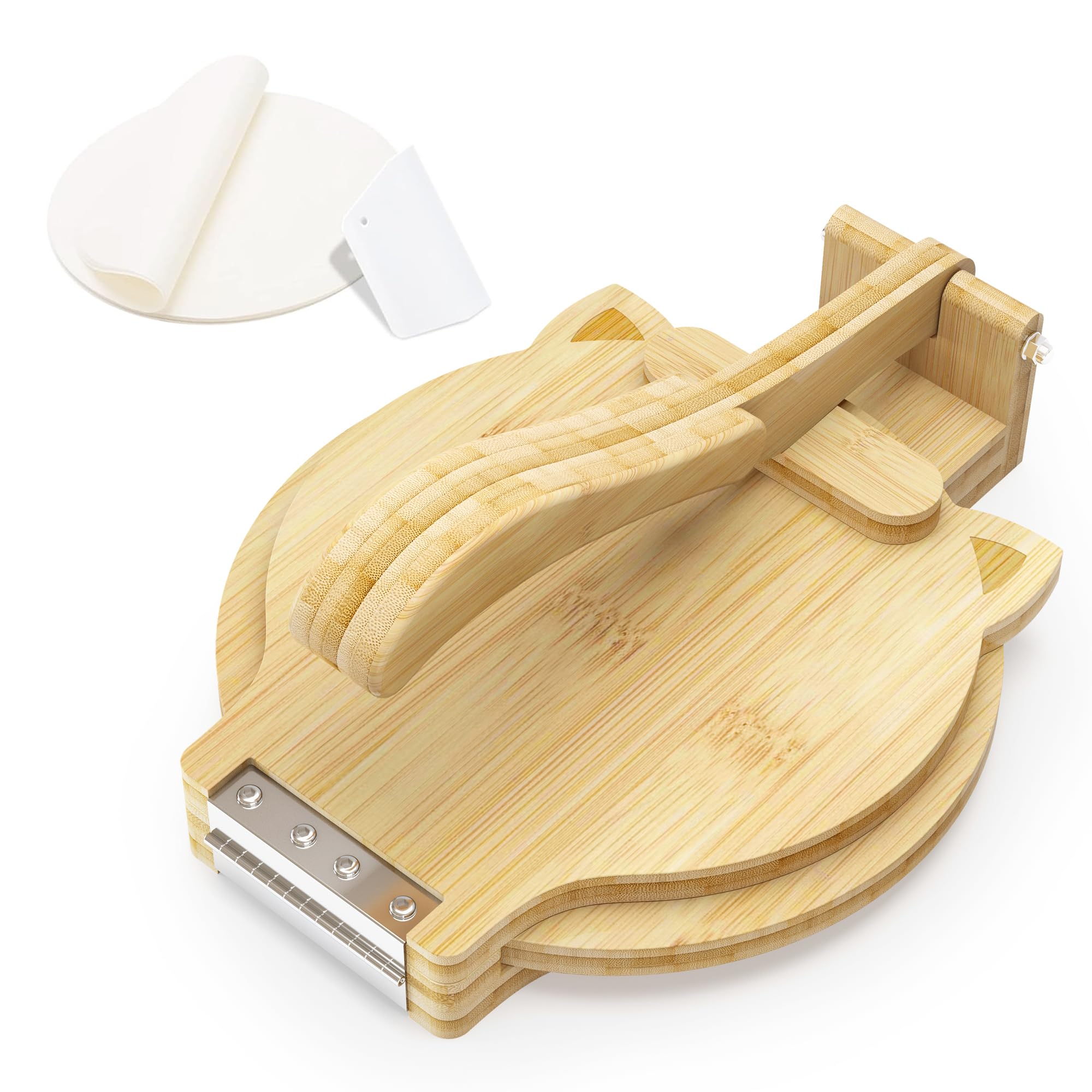 10 Inch Bamboo Tortilla Press - Handmade Quesadilla & Roti Maker with Parchment Paper & Dough Cutter for Homemade Corn/Flour Tortillas - Perfect for Mexican Cooking, Indian Roti, Home Baking & Meal Prep