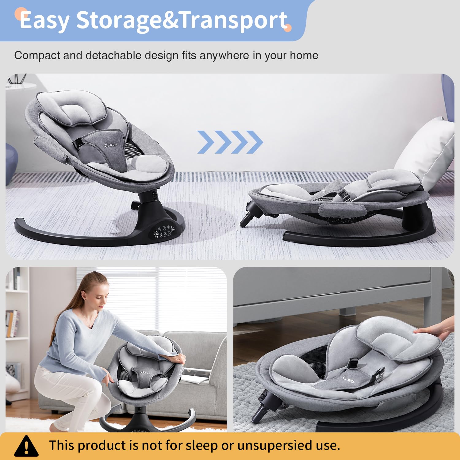 LAREX Baby Swing Electric Rocker for Newborns 0-6 Months - Portable Infant Swing with 5 Speed Settings, Remote Control & Bluetooth - 10 Soothing Melodies for Baby Boy & Girl (Max 20 lbs, Black) - Perfect for Nursery, Bedroom or Travel
