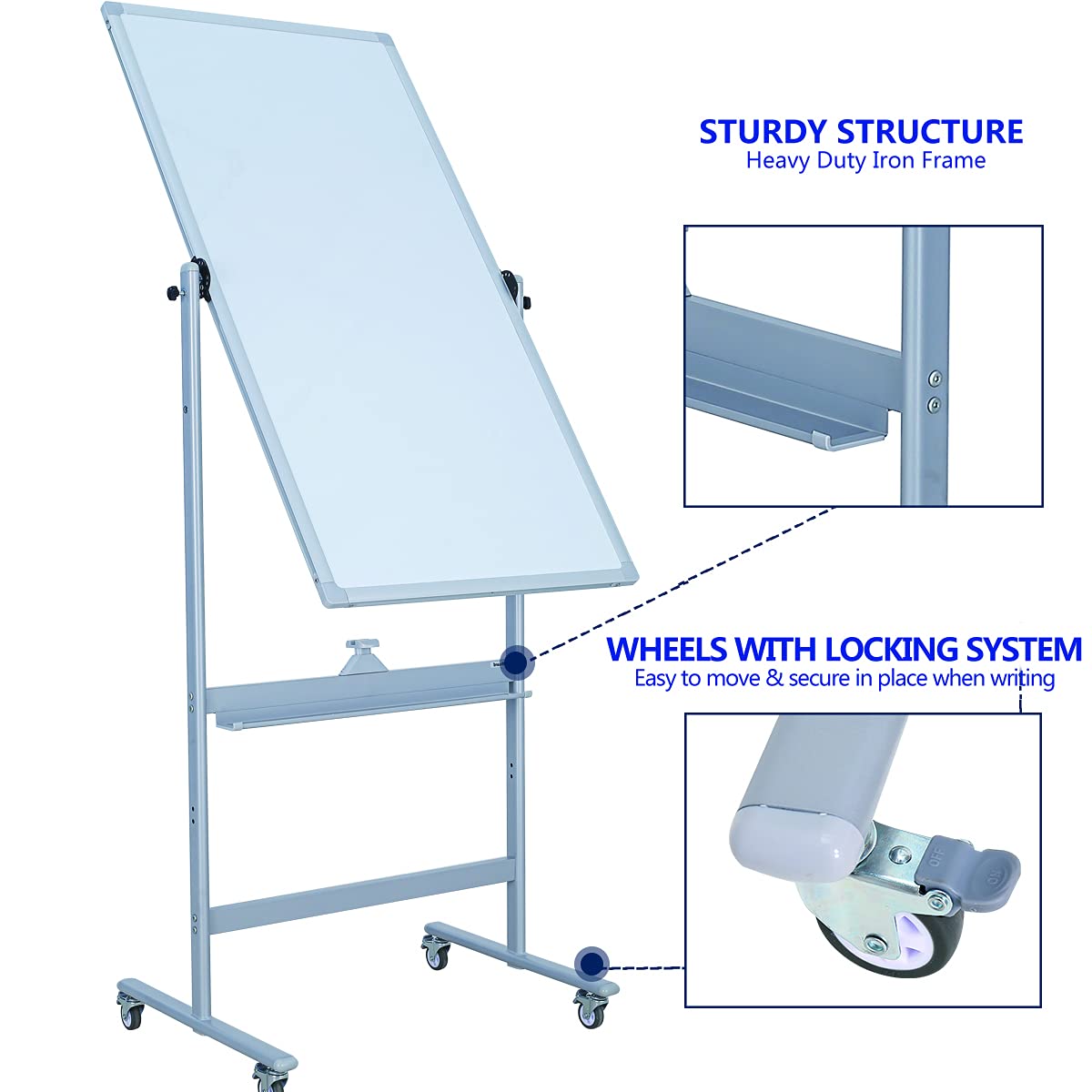 360° Reversible Magnetic Mobile Whiteboard 48x24-in - Portable Dry Erase Board with Wheels & Stand for Office, Classroom, Home - Includes 6 Dry Erase Markers & Eraser - Perfect for Presentations, Brainstorming & Teaching