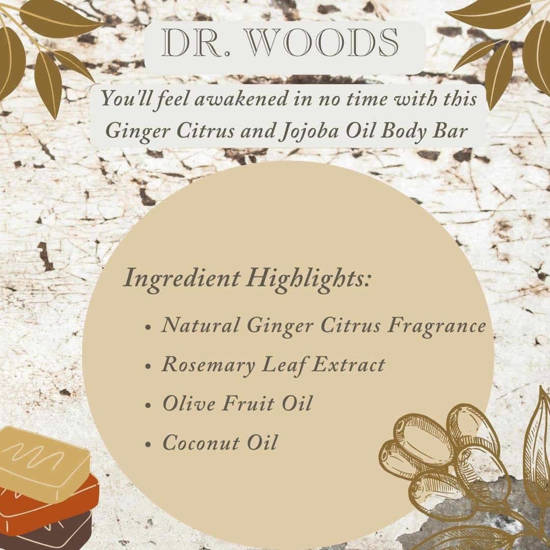 Dr. Woods Moisturizing Ginger Citrus Bar Soap with Jojoba Oil & Organic Shea Butter - 5.25 oz Natural Exfoliating Soap for Dry Skin - Perfect for Shower, Bath & Hand Washing - Vegan & Cruelty-Free