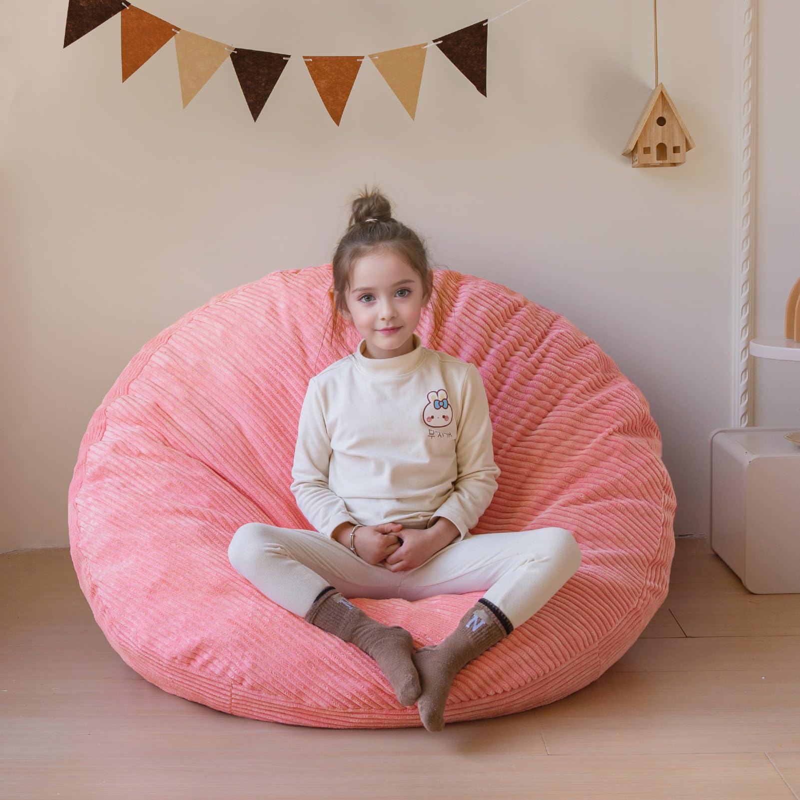 MAXYOYO 3-in-1 Kids Convertible Bean Bag Chair & Bed - Corduroy Round Floor Sofa for Children | Pink Gaming & Reading Chair | Perfect for Playrooms, Bedrooms & Dorm Rooms