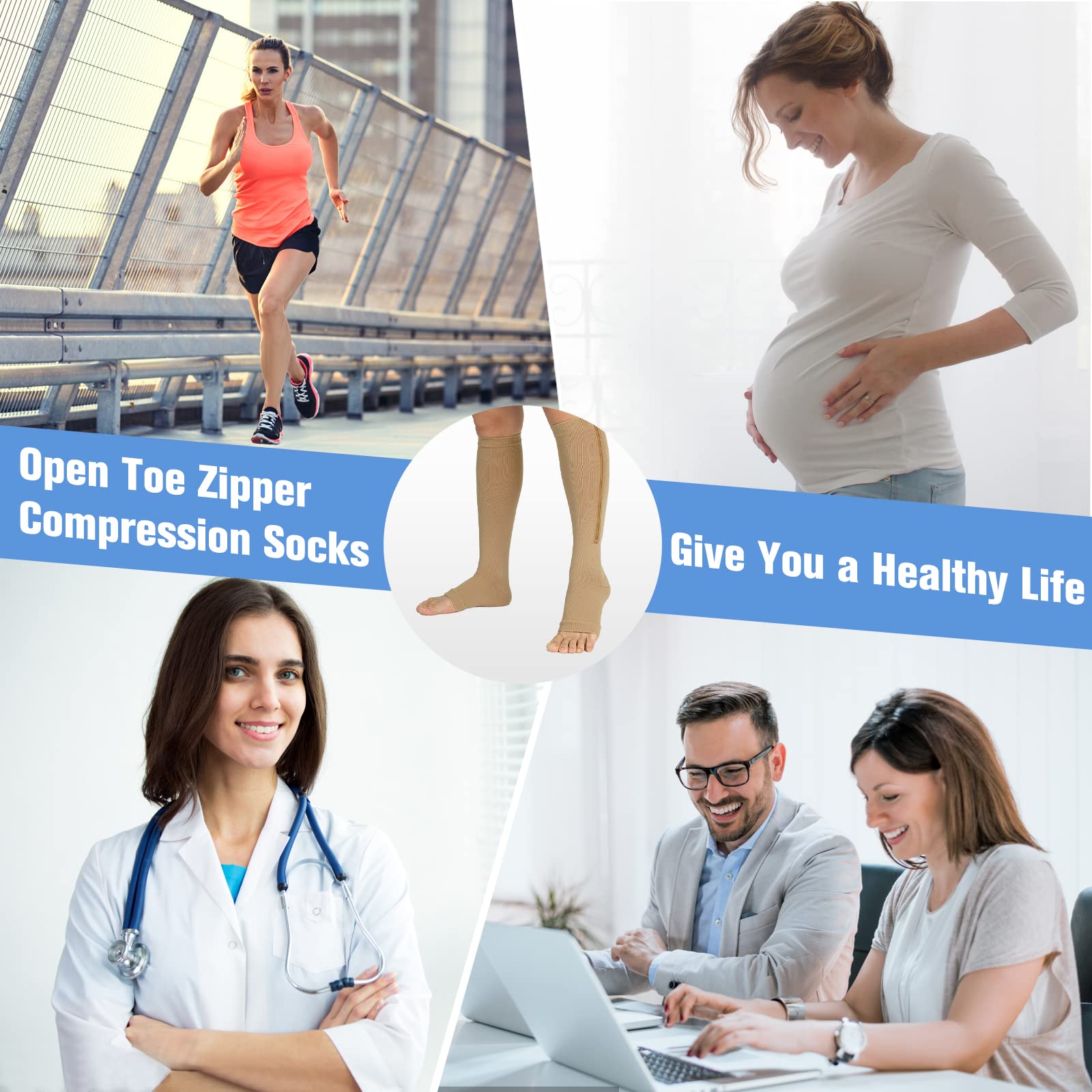 Ktinnead 2 Pairs Zipper Compression Socks for Women & Men - Medical Grade Support for Running, Travel & Varicose Veins Relief