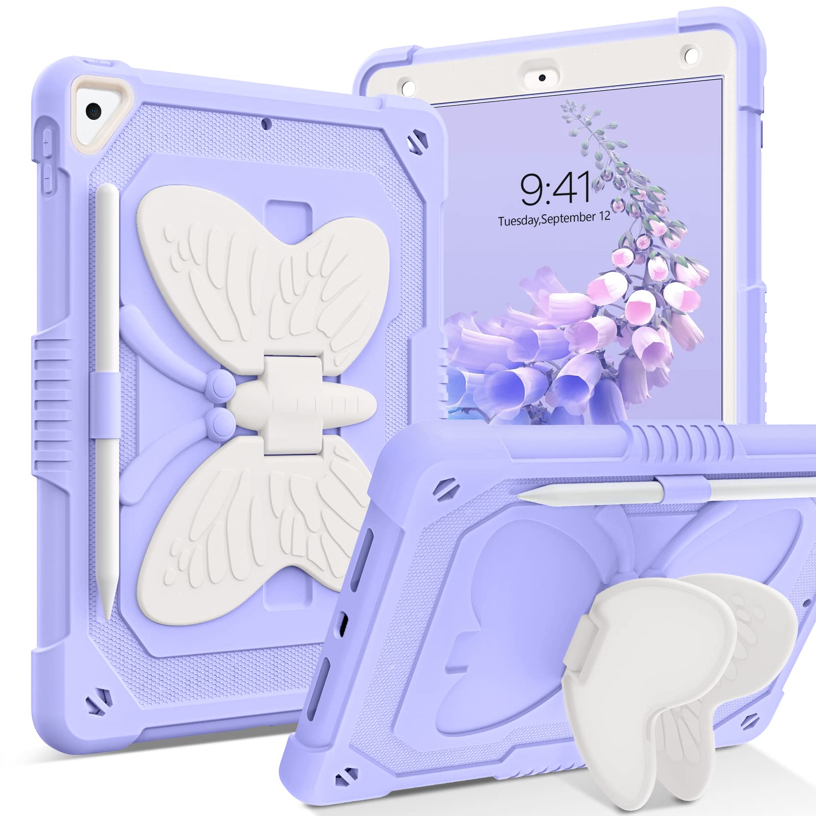 DOMAVER Rugged iPad Case for iPad 6th/5th Gen, iPad 9.7 (2017/2018), iPad Air 2 & iPad Pro 9.7 - Heavy Duty 3D Butterfly Kickstand Silicone Cover with Pencil Holder (Purple) - Perfect for Work, School & Travel Protection
