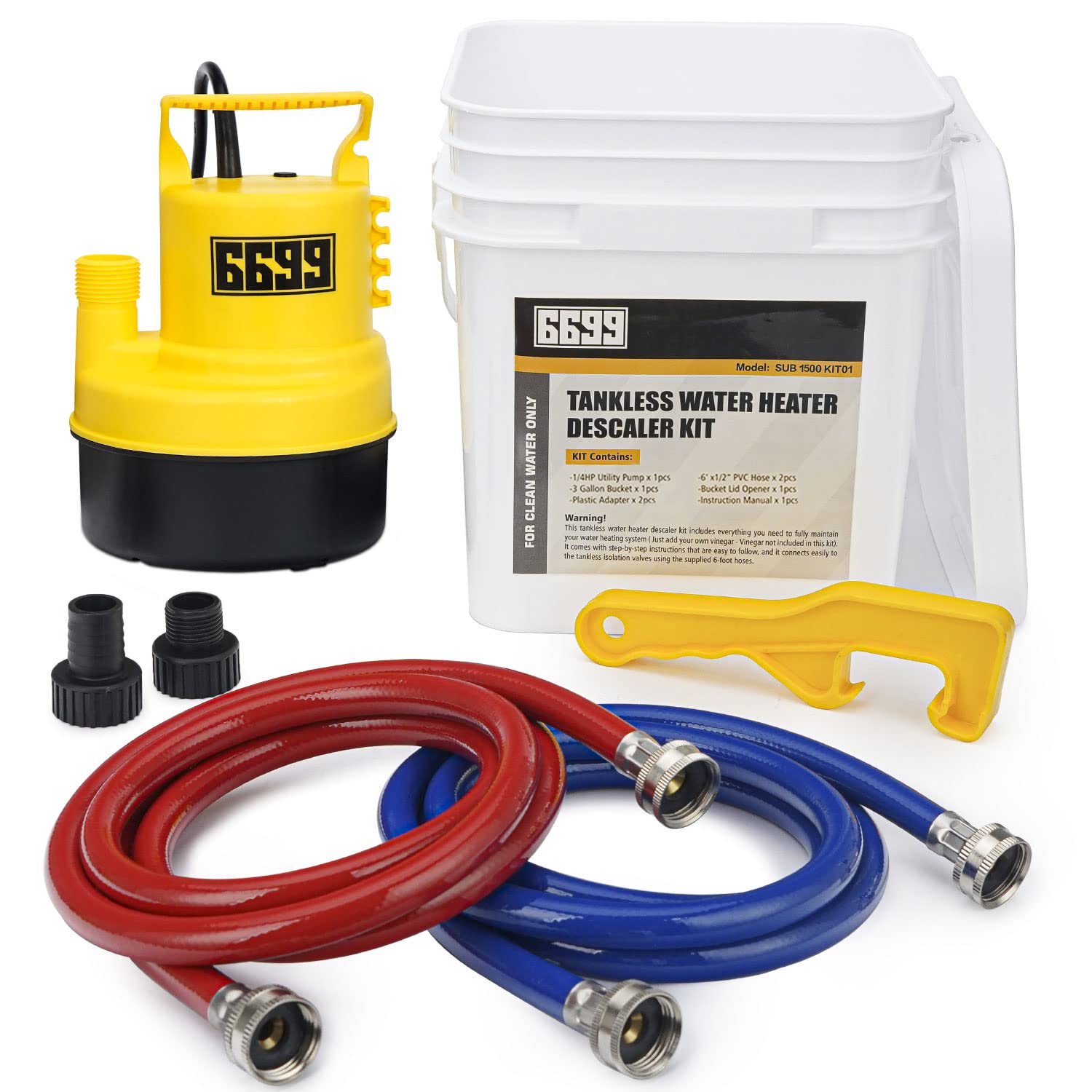 Tankless Water Heater Flushing Kit - 1/4HP Submersible Pump with 2 Plastic Adapters, 3 Gallon Bucket with Lid Opener & 2 PVC Hoses (1/2” x 6’) - Easy Maintenance for RV, Home & Commercial Use