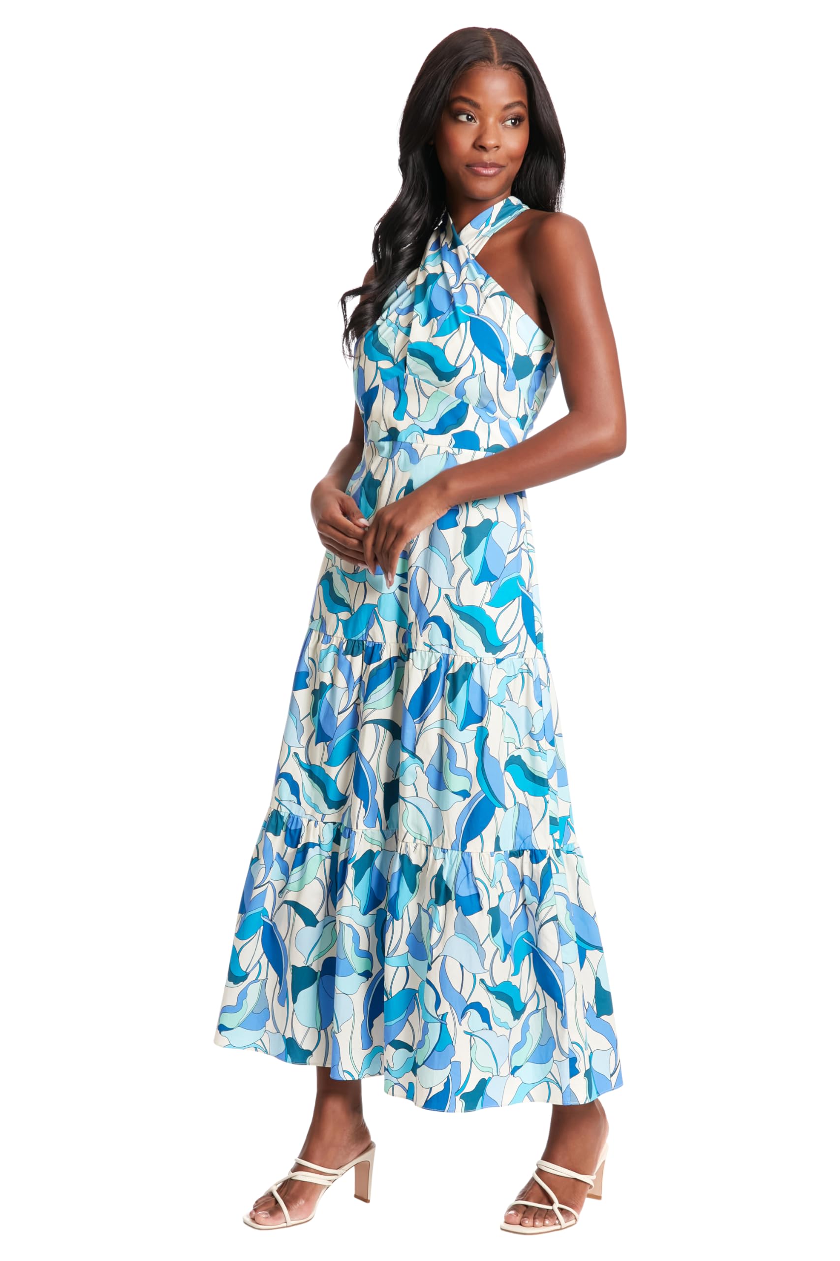 London Times Women's Criss-Cross Halter Neck Tiered Maxi Summer Dress - Versatile Flowy Beach Cover Up, Wedding Guest & Vacation Outfit