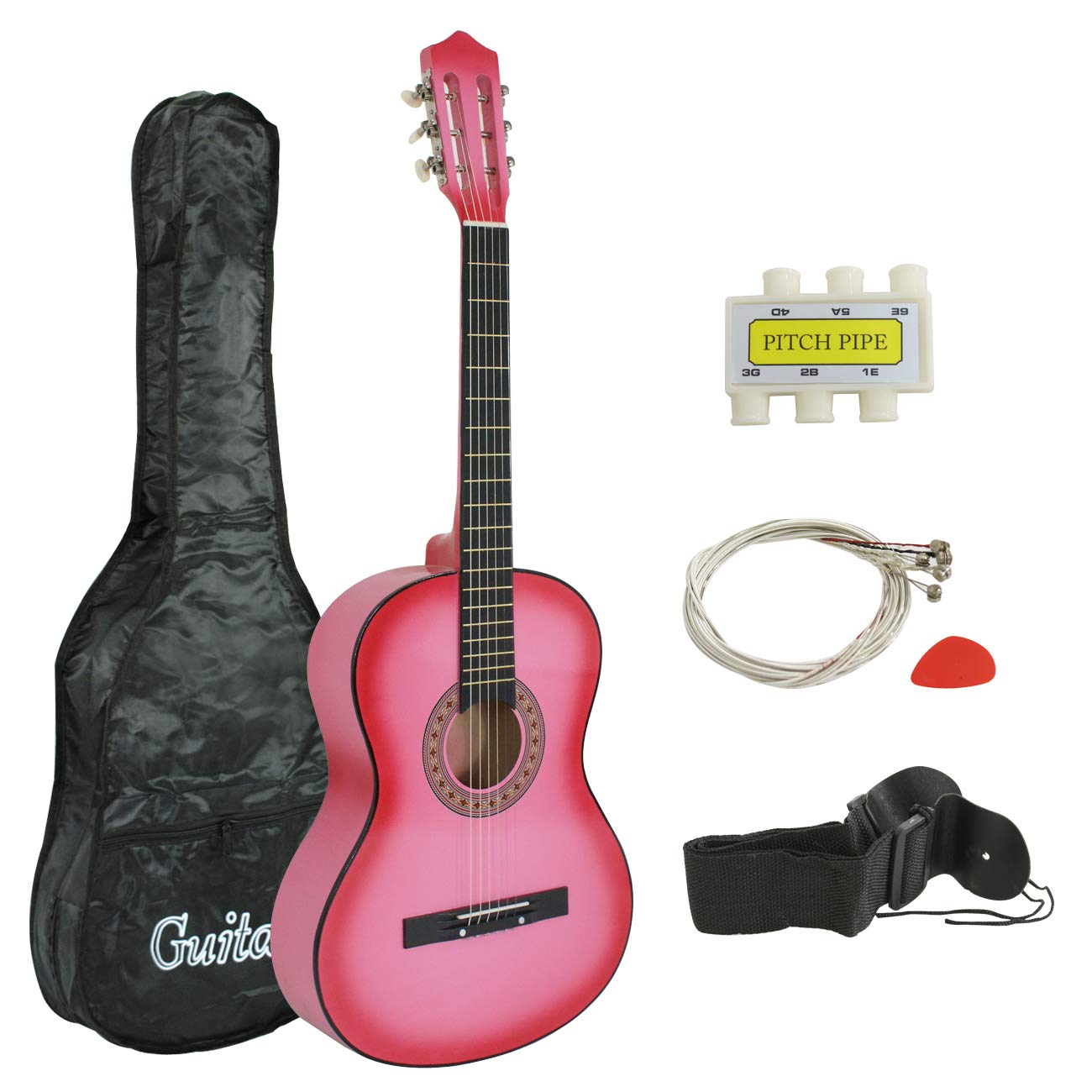 38-inch Kids Beginner Acoustic Guitar - Right-Handed Wood Guitar with Gig Bag, Pitch Pipe, Nylon Strings & Pick - Perfect for Children, Girls, Boys & Beginners (Pink) - Ideal for Music Lessons, Birthday Gifts & Home Practice