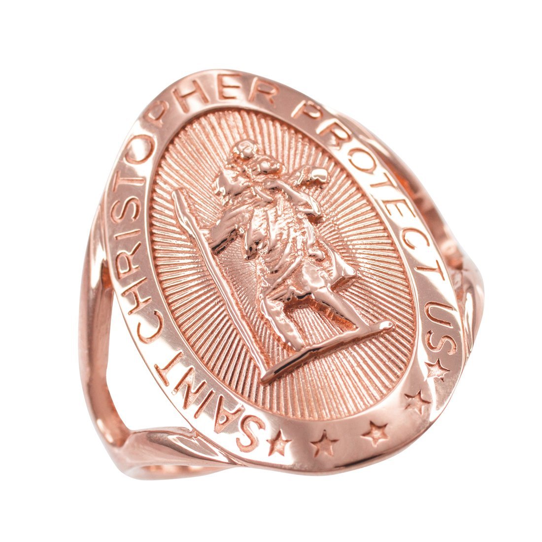 14K Rose Gold Saint Christopher Oval Ring for Men & Women - Religious Jewelry Gift for Protection & Travel Blessings - Perfect for Baptism, First Communion & Everyday Wear