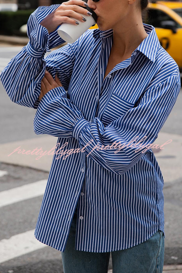 Women's Striped Print Ruffled Long Sleeve Blouse with Pockets - Casual Loose Fit Shirt for Work, Date Night & Everyday Wear