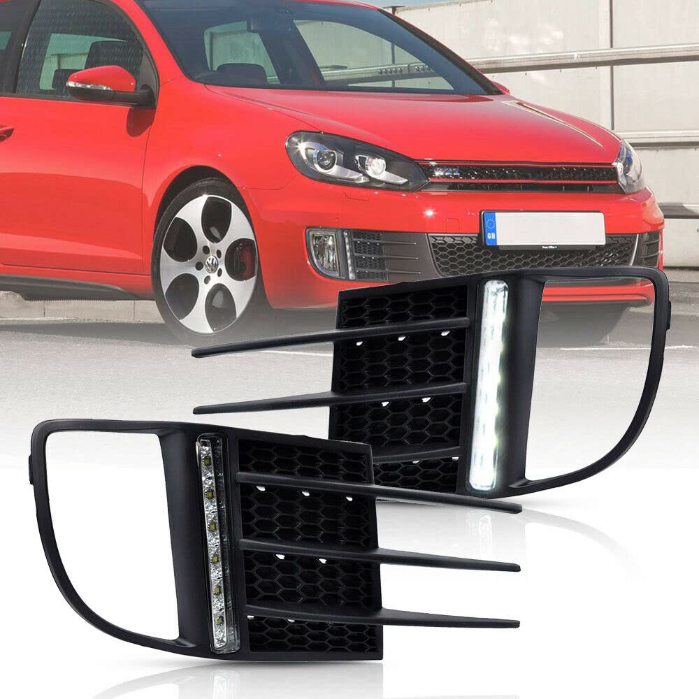 2Pcs White LED DRL Daytime Running Lights Assembly for Volkswagen Golf 6 GTI - LED Parking Light & Position Lamp with OEM Fog Bezel Covers | Upgrade Your Headlights for Enhanced Visibility & Style