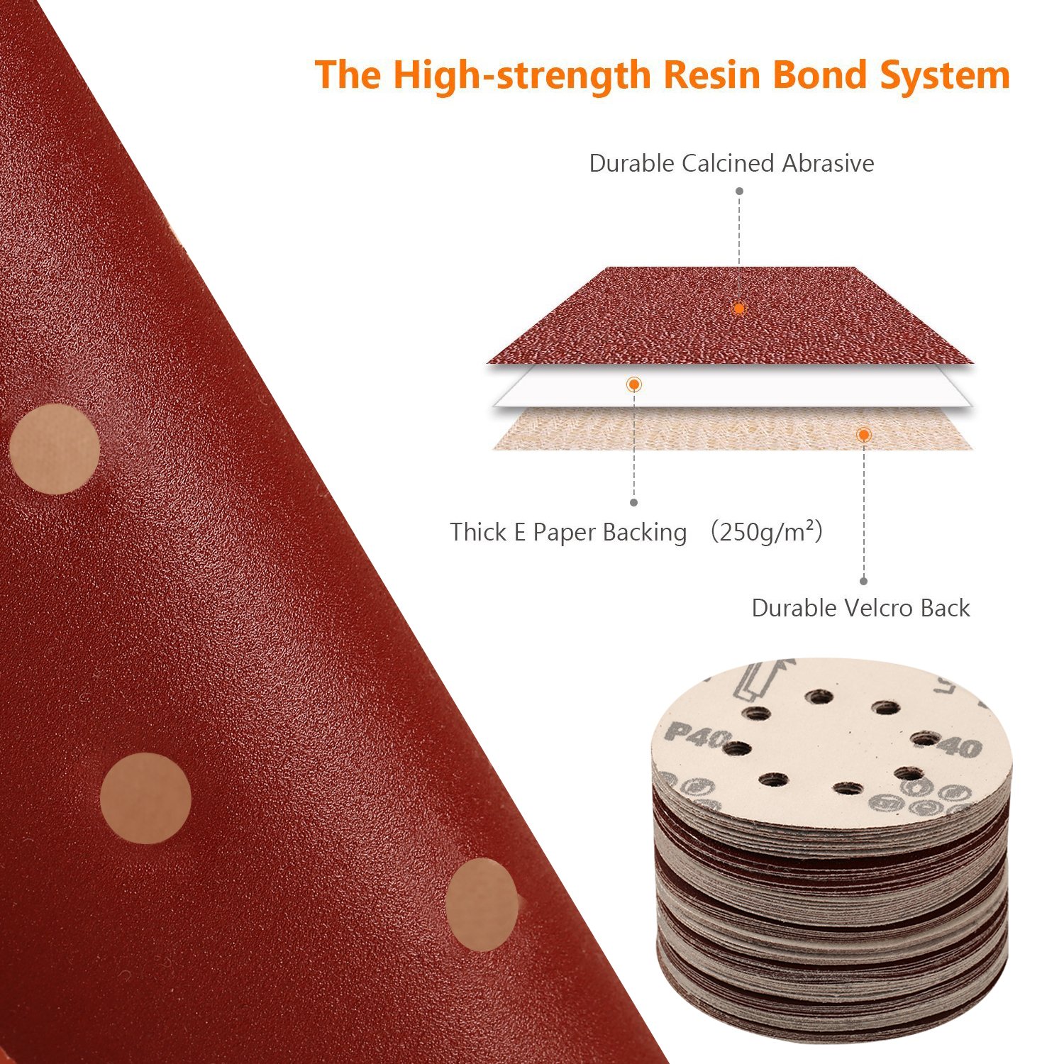SPTA 100-Piece 125mm Sanding Discs Set - 40/80/120/180/320/400/600/800/1500/2000 Grit Velcro Sandpaper for Random Orbital Sanders with 8 Holes - Perfect for Woodworking, Metal Polishing & Automotive Surface Preparation
