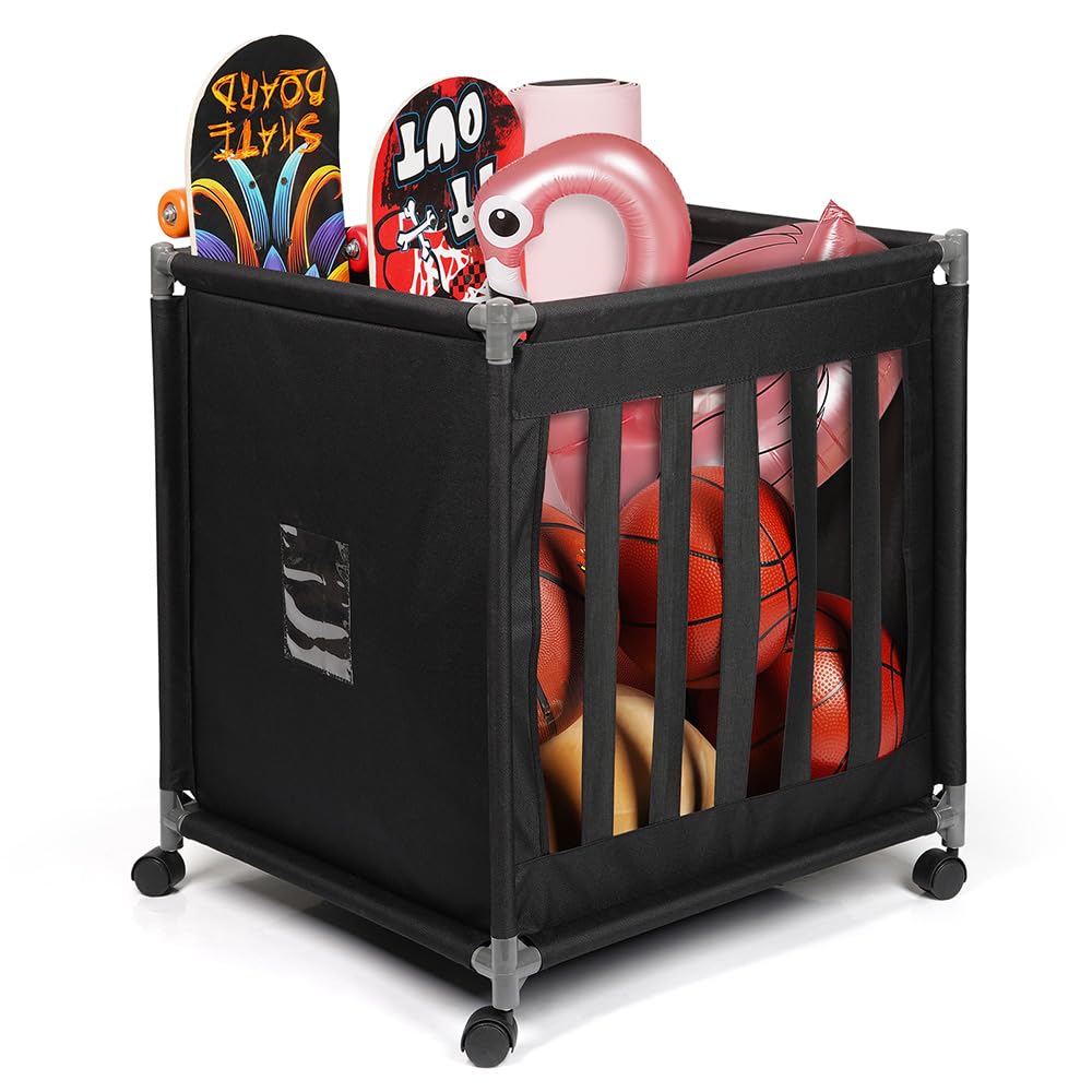 Lockable Rolling Sports Ball Storage Cart with Wheels - Portable Ball Organizer with Elastic Straps for Basketball, Soccer, Volleyball - Perfect for Garage, Gym, and Playroom Organization
