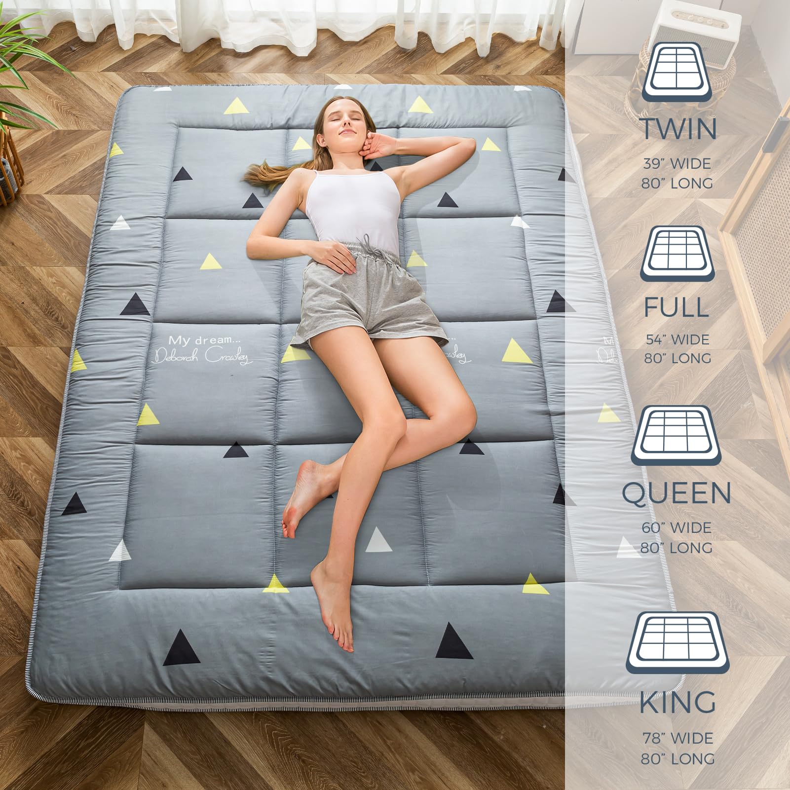 MAXYOYO Grey Triangle Futon Mattress - Japanese Floor Mattress & Quilted Bed Topper | Extra Thick Foldable Sleeping Pad for Camping, Guest Beds & Home Lounging | Breathable King Size Floor Lounger for Indoor/Outdoor Use