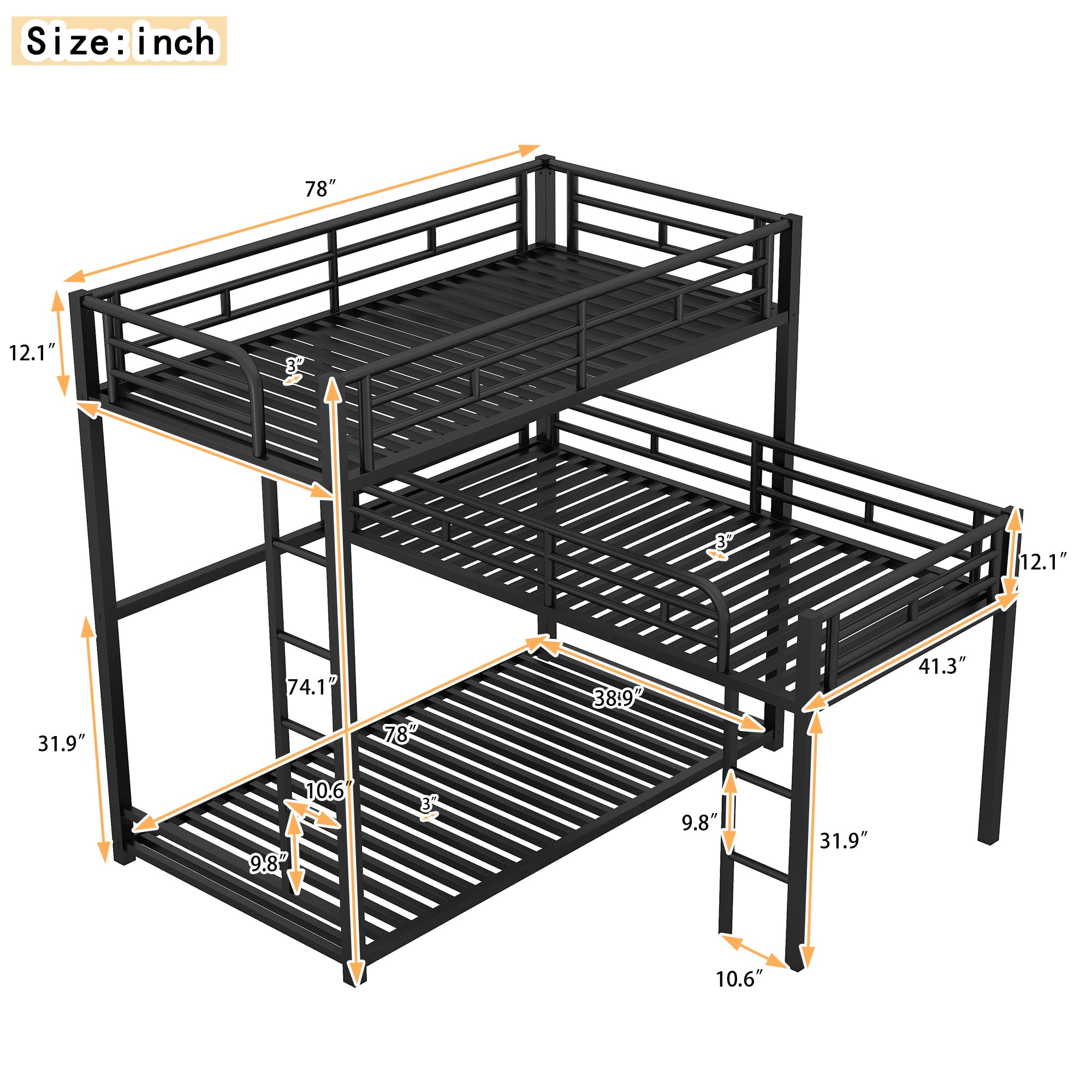Twin Over Twin L-Shaped Metal Triple Bunk Bed with Ladder & Full-Length Guardrails - 3-in-1 Kids & Teens Bunk Bed in Black | Perfect for Small Bedrooms, Sleepovers & Space-Saving Solutions
