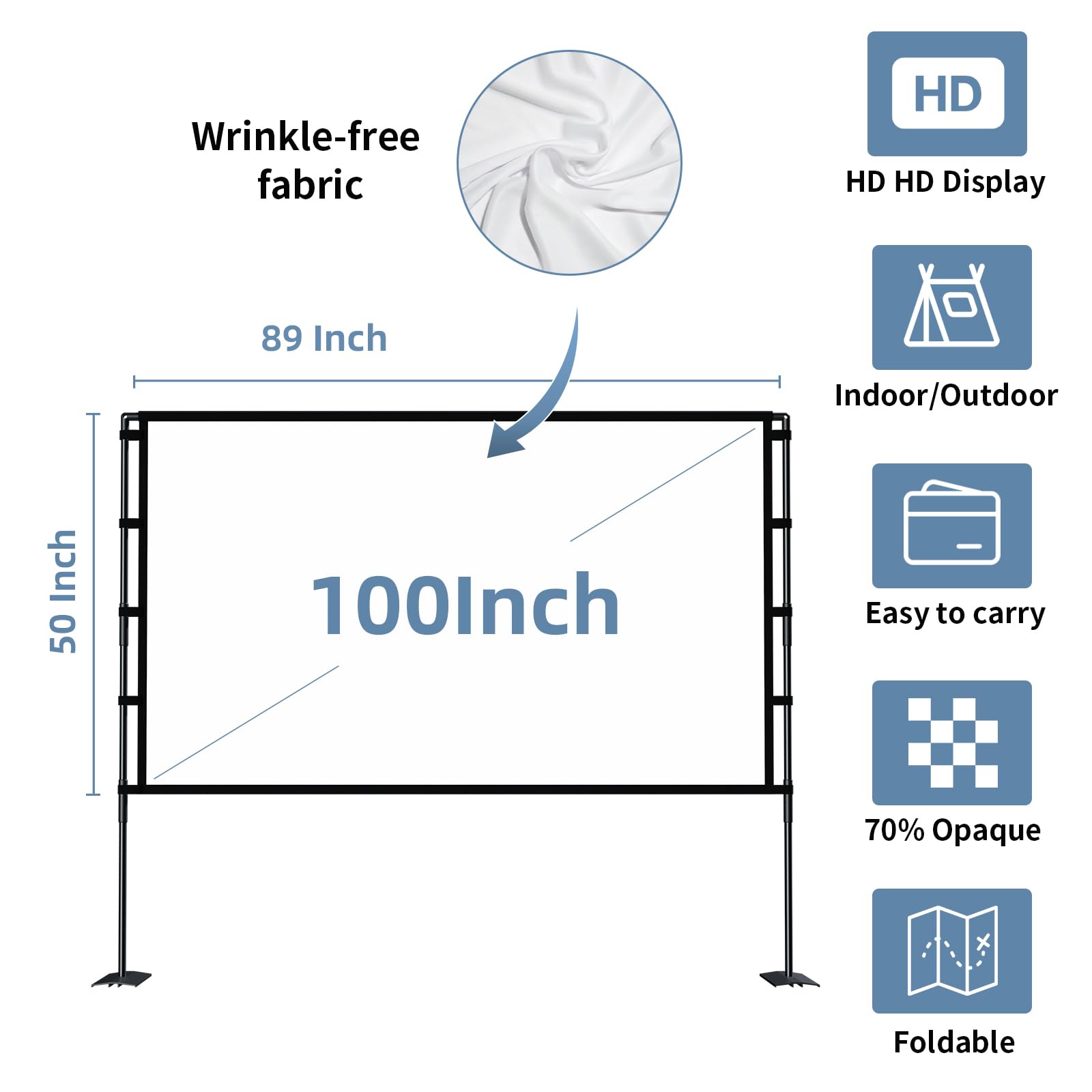 100 Inch Portable Projector Screen with Stand - 16:9 HD 4K Front/Rear Projection Movie Screen with Carry Bag for Indoor Outdoor Home Theater, Backyard Cinema, Travel & Camping Entertainment