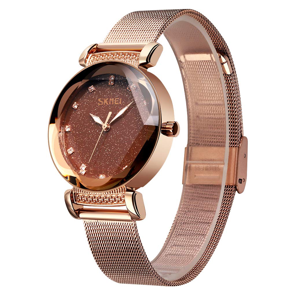 SKMEI Women's Waterproof Casual Dress Watch - Japanese Quartz Movement, Luminous Mesh Stainless Steel Wristwatch with Rose Gold/Black/Blue Dial - Perfect for Office, Party & Everyday Wear