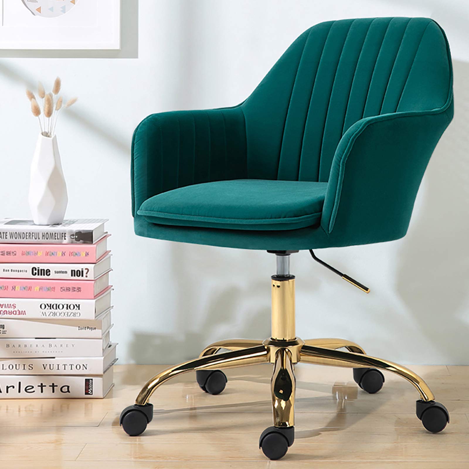 HOMHUM Mid-Back Velvet Office Chair with Wheels - Adjustable Home Desk Chair with Side Arms & Gold Metal Base - Ergonomic Computer Chair for Living Room, Bedroom, Home Office & Vanity (Green) - Perfect for Remote Work, Gaming & Study Sessions