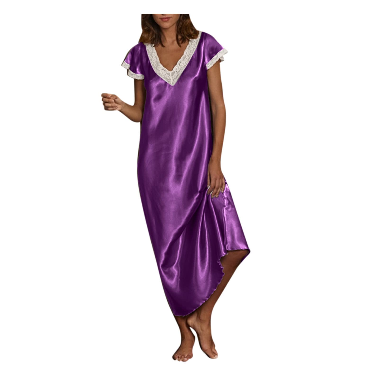 Women's Cotton Night Dress - Short Sleeve V-Neck Sleepwear & Lace Nightgown for Home & Lounge | Comfortable Pajama Dress for Relaxing, Sleeping & Vacation