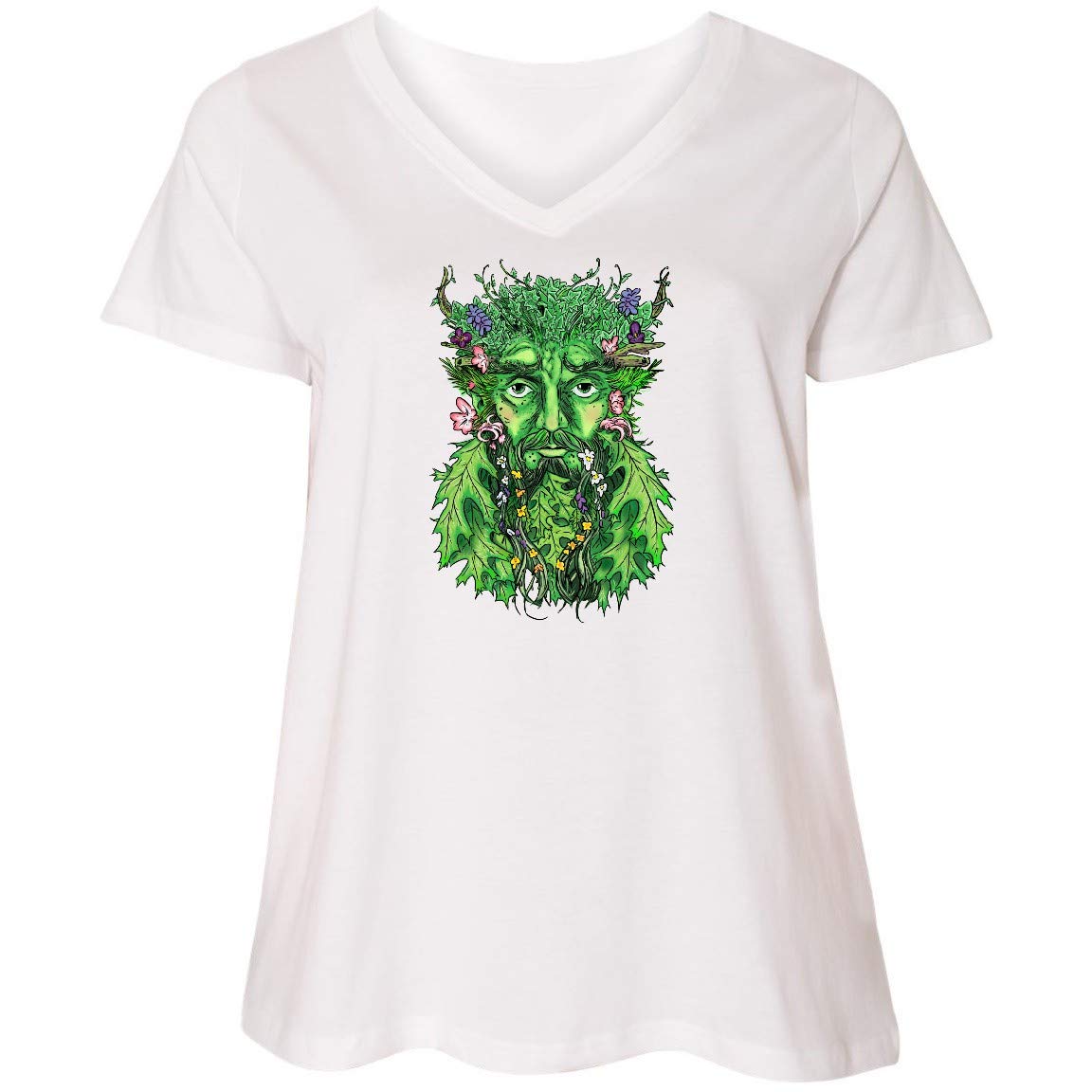 Inktastic 1st Day of Spring Greenman Spring Equinox Women's Plus Size V-Neck T-Shirt - Comfortable Casual Wear for Spring Festivals, Earth Day Celebrations & Nature Lovers