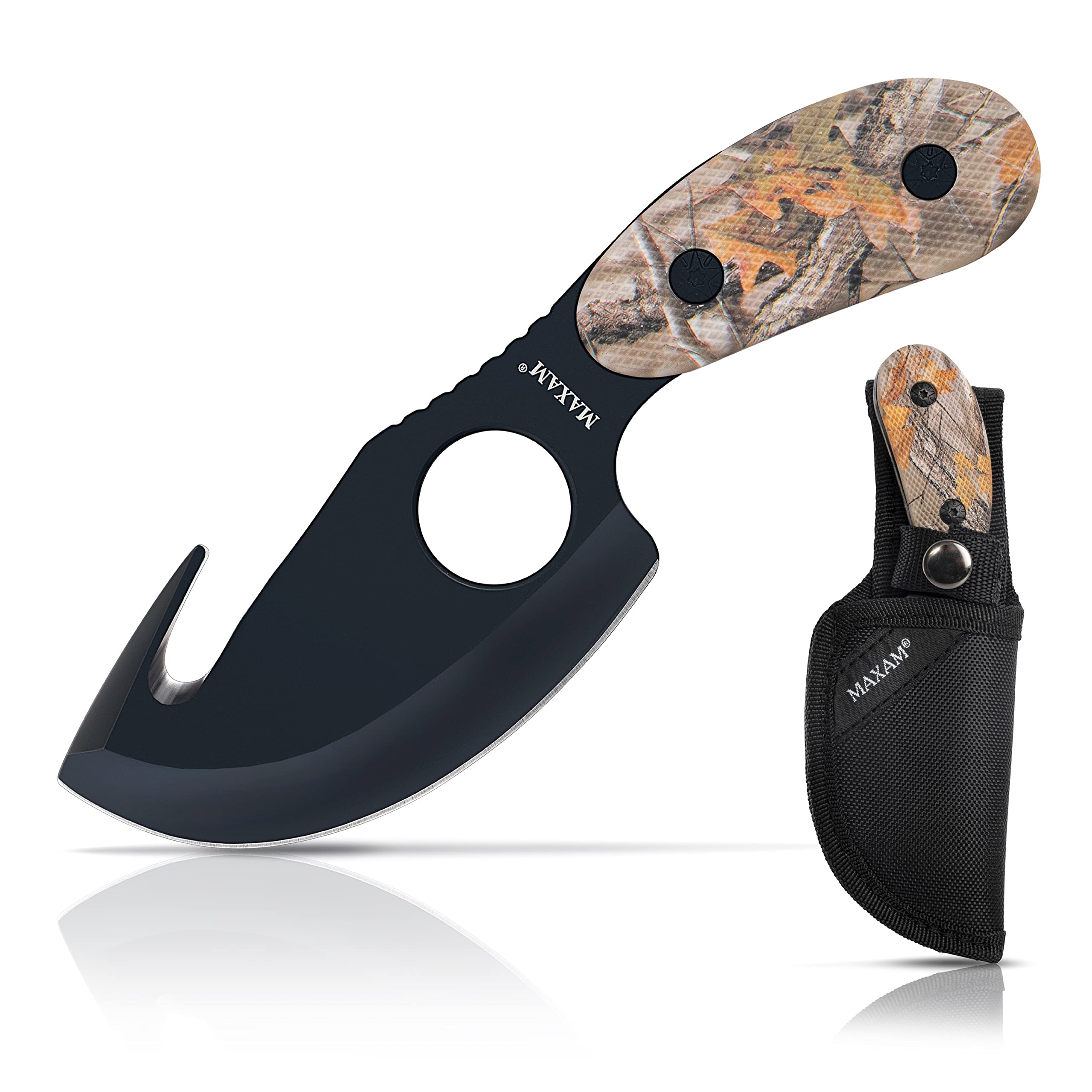 Maxam 7-Inch Fixed Blade Skinning Knife with Gut Hook - Full Tang Hunting Knife in Camo Finish - Includes Durable Nylon Sheath - Ideal for Hunting, Camping & Outdoor Survival