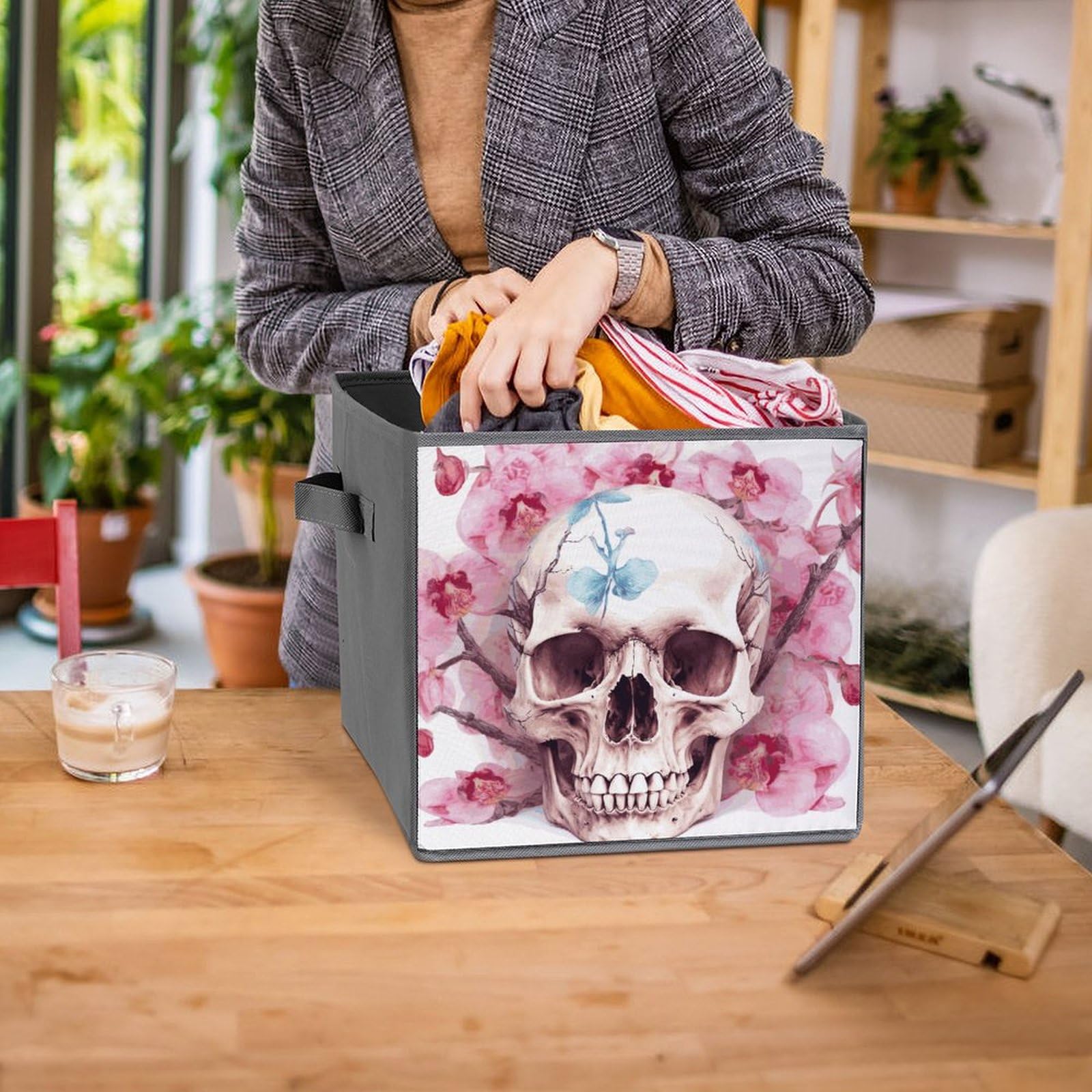 6PCS Collapsible Storage Bins with Handles - Skull & Pink Floral Printed Foldable Organizer Boxes for Home, Closet, Office & Shelf Organization | Space Saving Storage Solutions for Toys, Books & Household Items