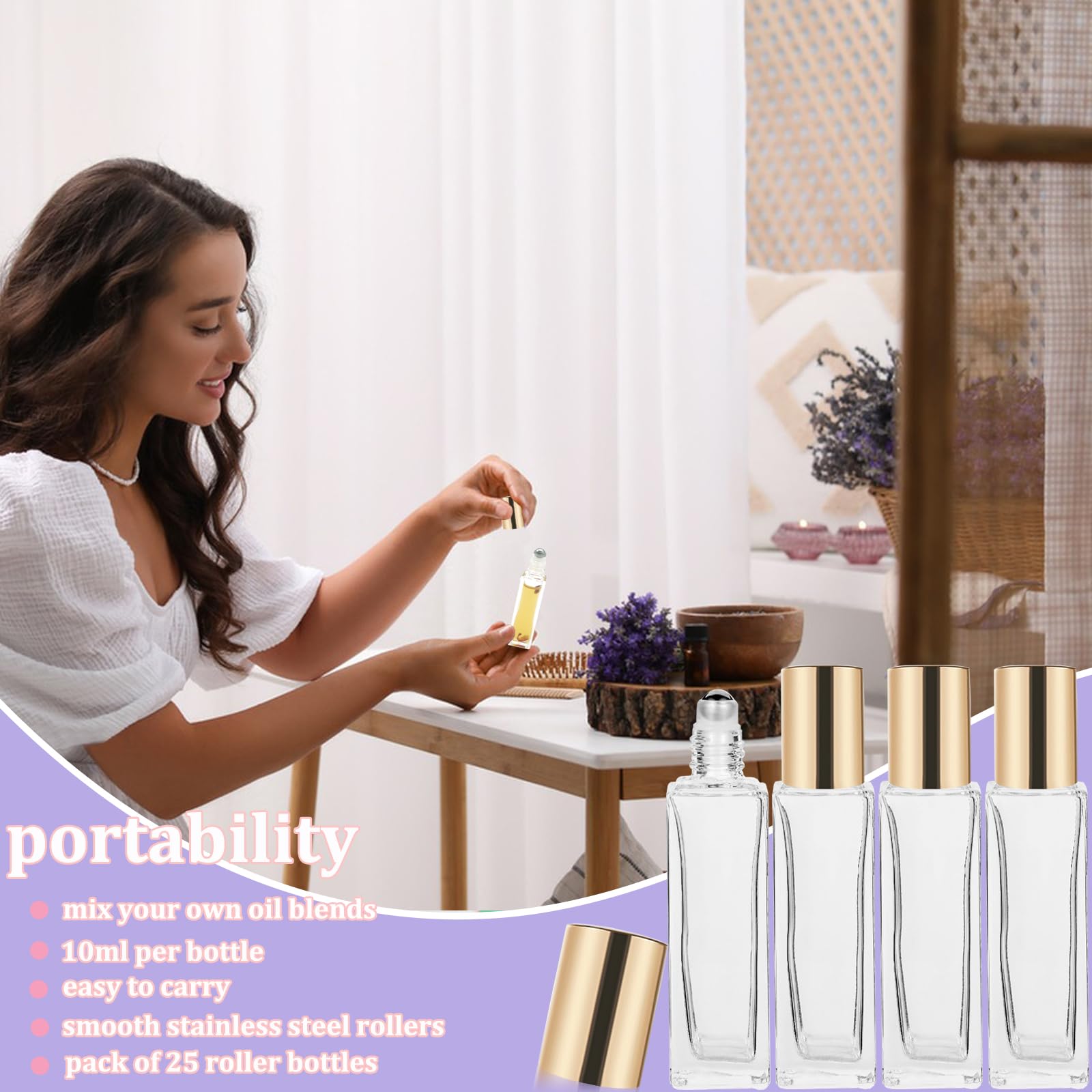 25 Pcs 10ml Essential Oil Roller Bottles - Square Thick Glass Roller Bottles with Stainless Steel Balls, Leakproof & Travel-Friendly (Includes 2 Funnels, Gold) - Perfect for Aromatherapy, DIY Blends & On-the-Go Use