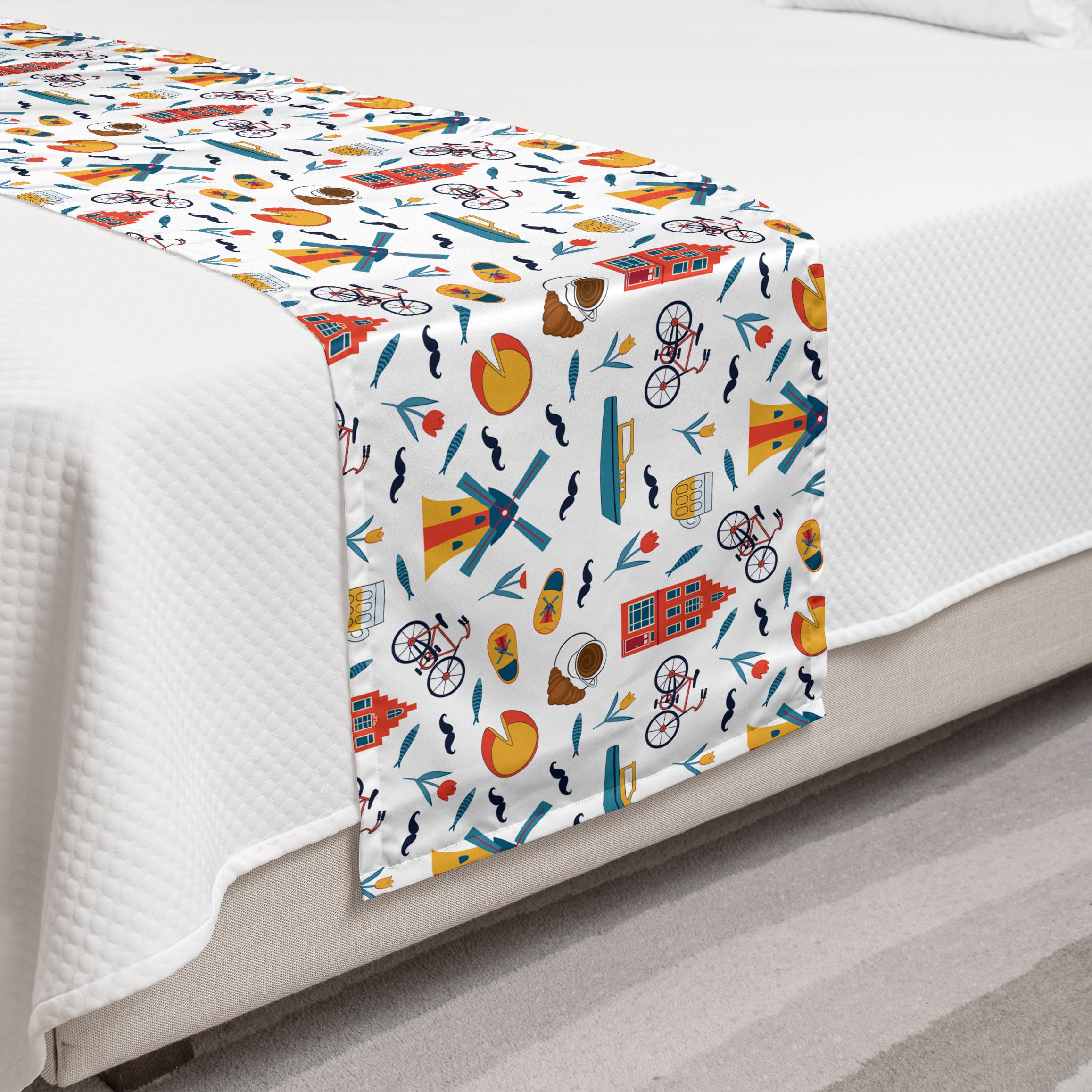 Ambesonne Dutch Motif Bed Runner - Colorful Decorative Bed Scarf for Twin Beds, White & Multicolor | Perfect for Hotels, Homes & Guest Room Styling