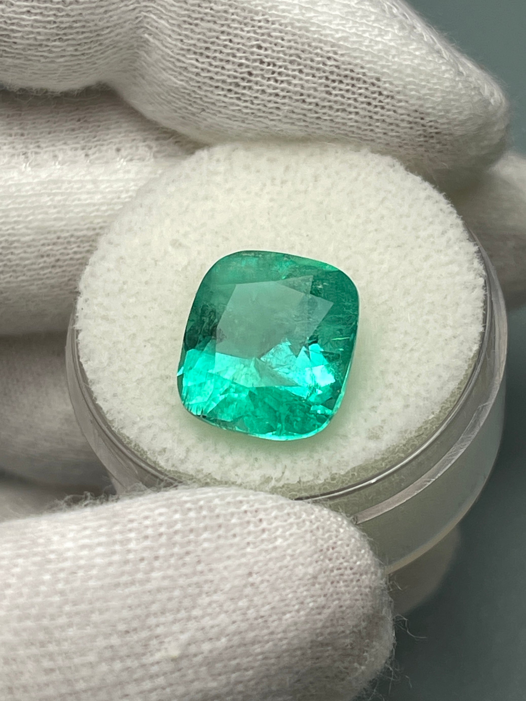 6.65 Carat 12x11.5mm Medium Bluish Green Natural Loose Colombian Emerald Gemstone - Cushion Cut for Jewelry Making, Engagement Rings & Luxury Gifts