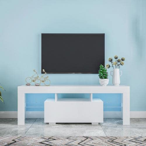 White TV Stand with LED RGB Lights - Modern Flat Screen TV Cabinet & Gaming Console Table for Living Room, Bedroom & Lounge - Perfect for Entertainment & Home Decor
