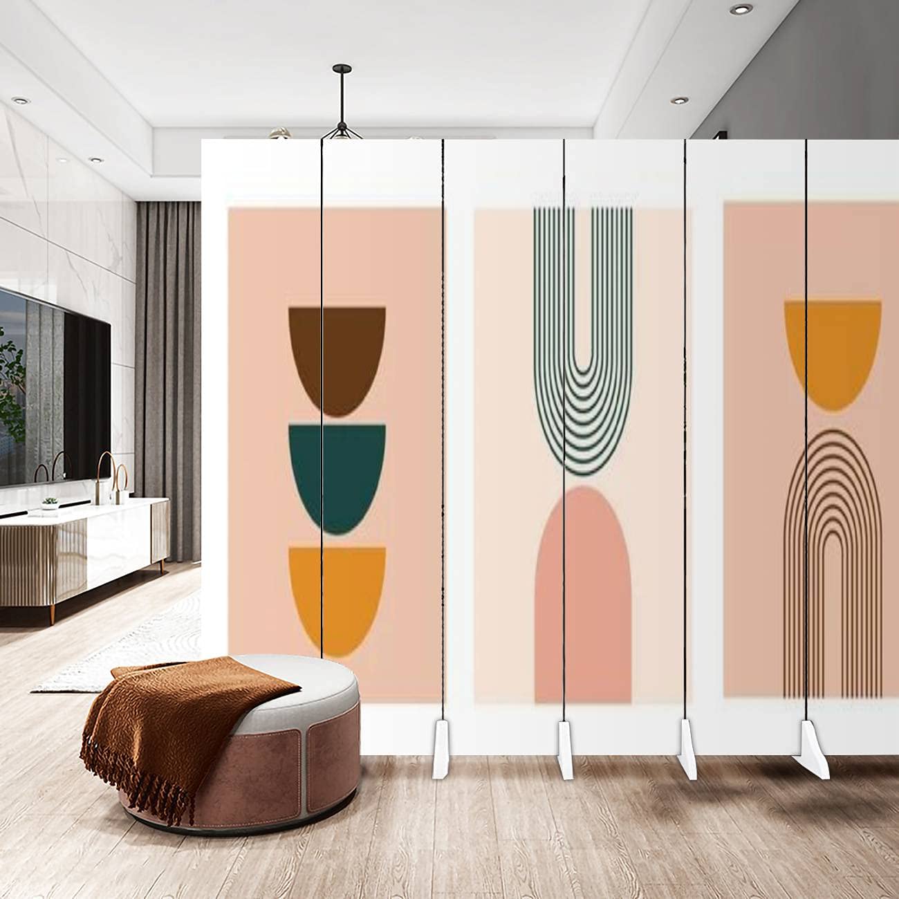 Mid Century Modern Canvas Room Divider Screen - Set of 3 Geometric Art Prints, Neutral Folding Privacy Partition with 6 Panels, Multicolor | Perfect for Home Office, Studio, or Bedroom Space Separation