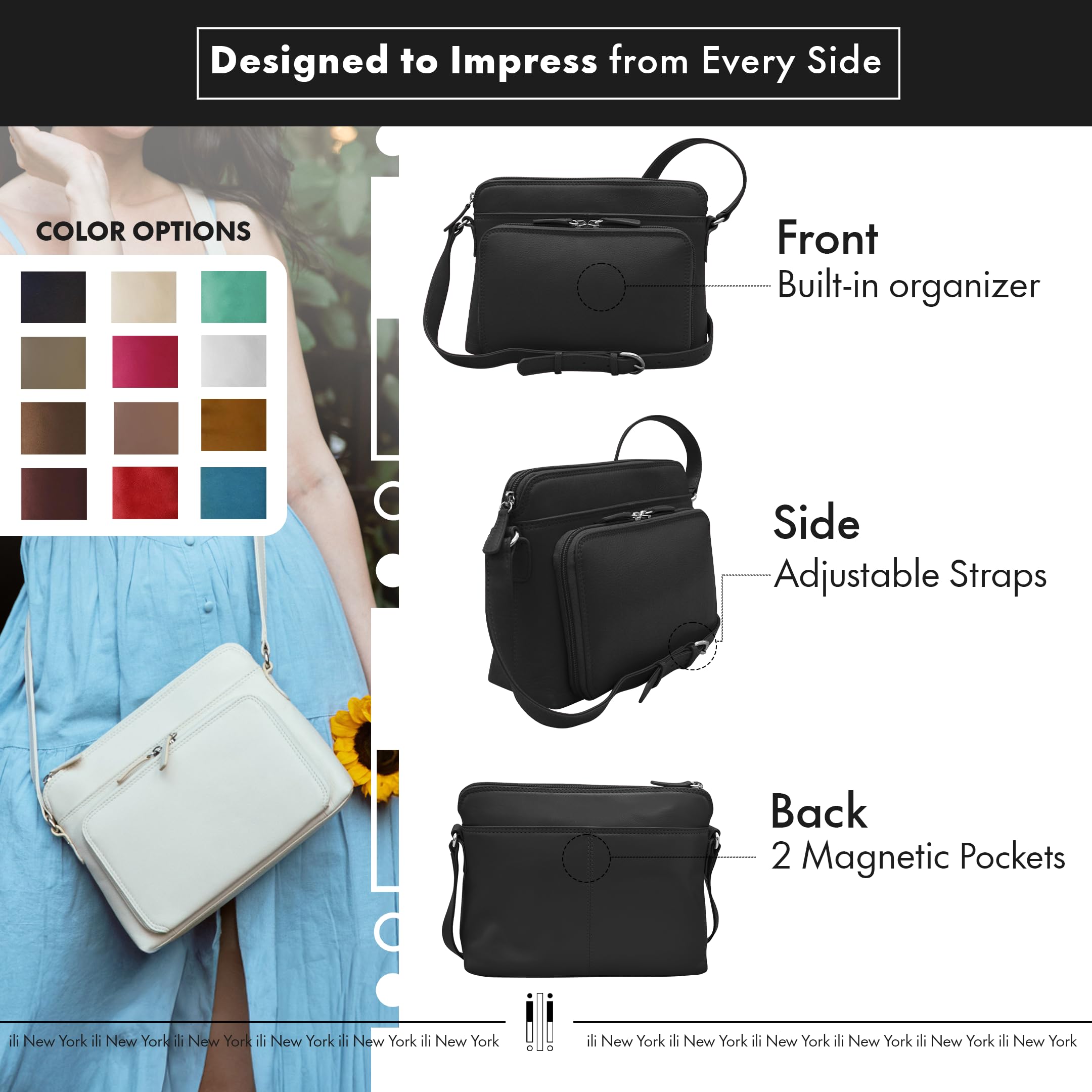 Premium Genuine Leather Crossbody Bag for Women - RFID Blocking Shoulder Purse with Adjustable Strap | Ideal for Travel, Work & Everyday Use | ili New York Fashion Handbag