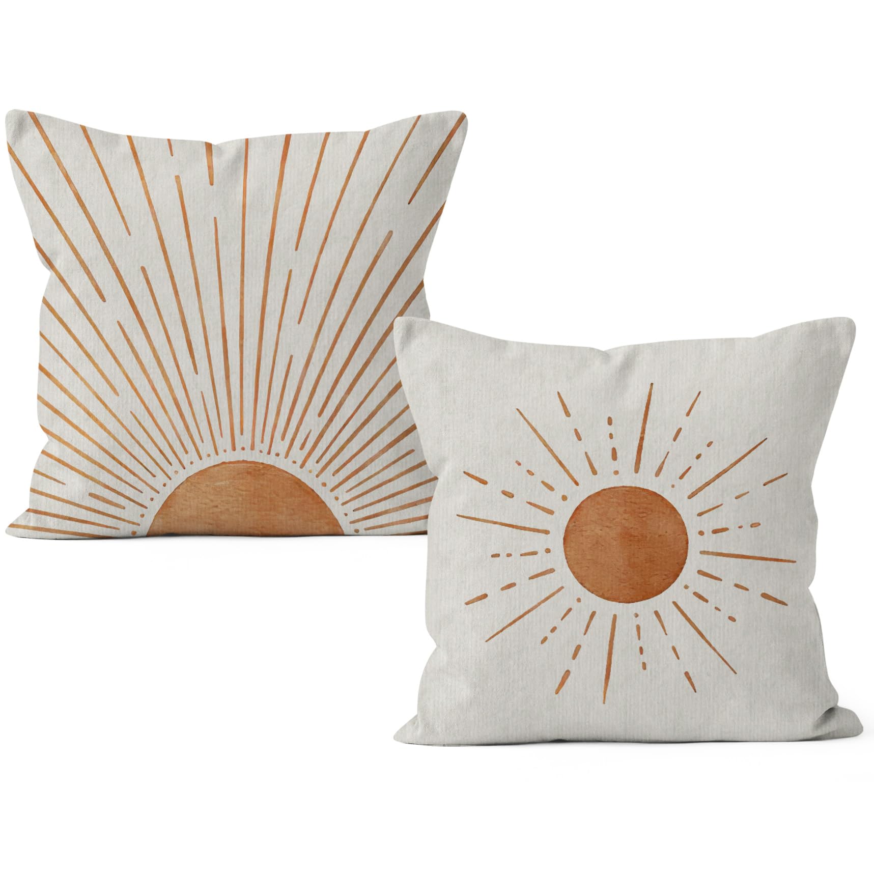 Boho Sun Throw Pillow Covers 18x18 Set of 2 - Orange Bohemian Decorative Pillows for Couch, Bed & Home Decor - Soft Sunshine Design for Living Room, Nursery & Bohemian Style Spaces