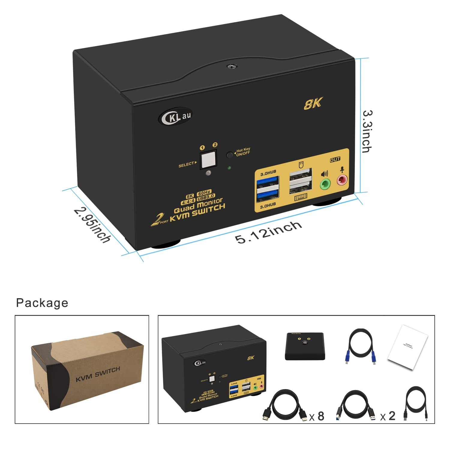 CKLau 2 Port USB 3.0 Quad Monitor KVM Switch - HDMI 2.1 8K@60Hz 4K@144Hz with Audio Output & Cables - Share 2 PCs Across 4 Monitors for Keyboard/Mouse/Peripheral Control - Ideal for Home Office, Gaming Setup & Multi-Tasking Workstations