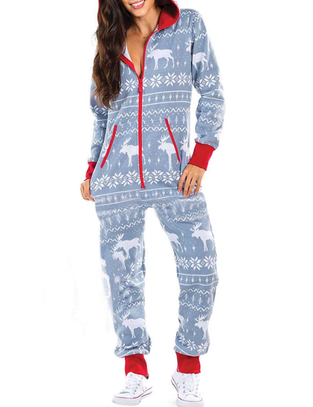 RINTONIX Women's & Men's Ugly Christmas Pajama Onesie Jumpsuit - Festive Holiday Zipper Hoodie Pajama Overall for Family Matching Outfits, Christmas Party & Cozy Winter Nights