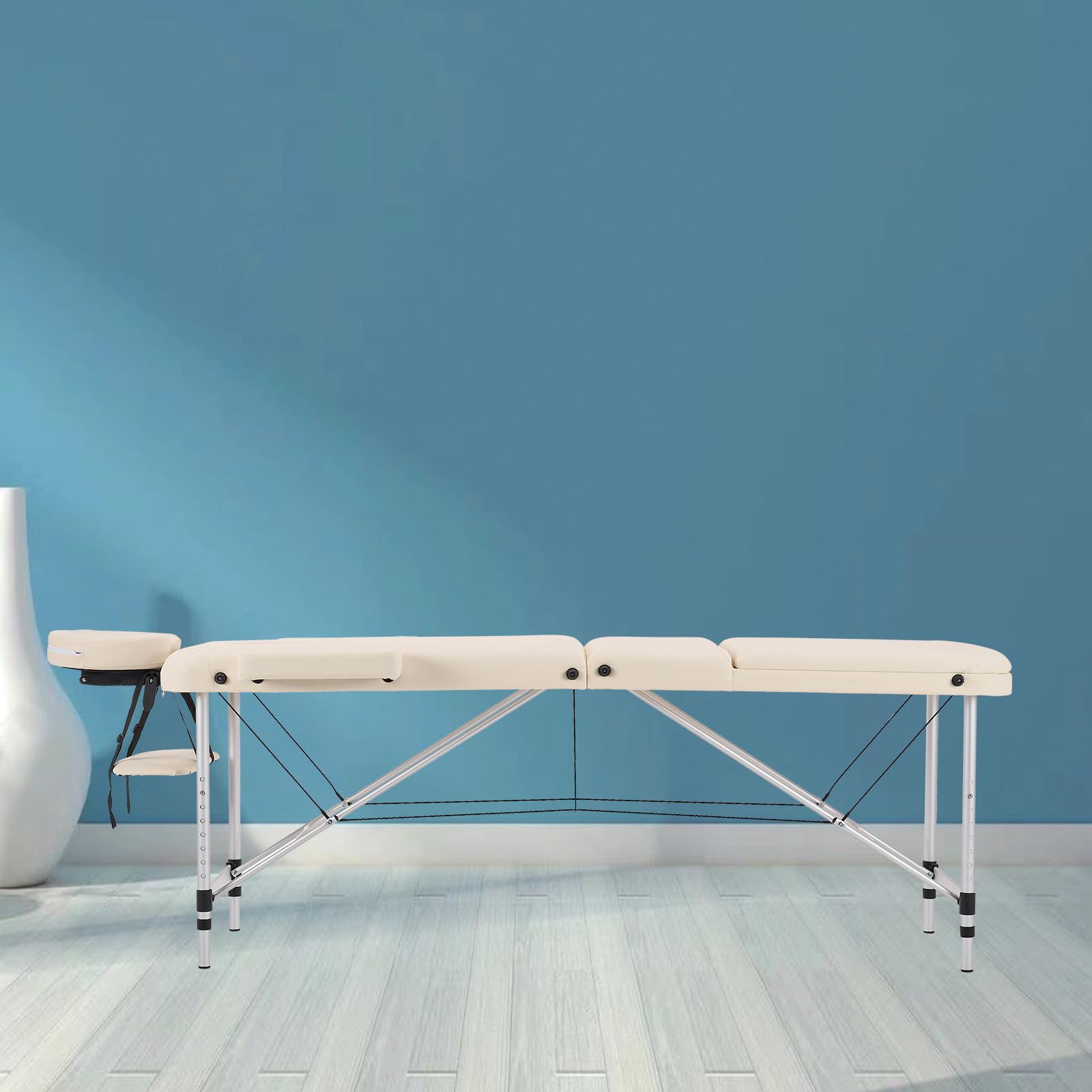 YOUNIKE Professional Portable Massage Table - Aluminum Alloy 3-Fold Design with Backrest, Lightweight & Height Adjustable - Perfect for Lash Extensions, Facial Spa, Beauty Salon, Tattoo Parlor & Home Use - Includes Full Accessories - White
