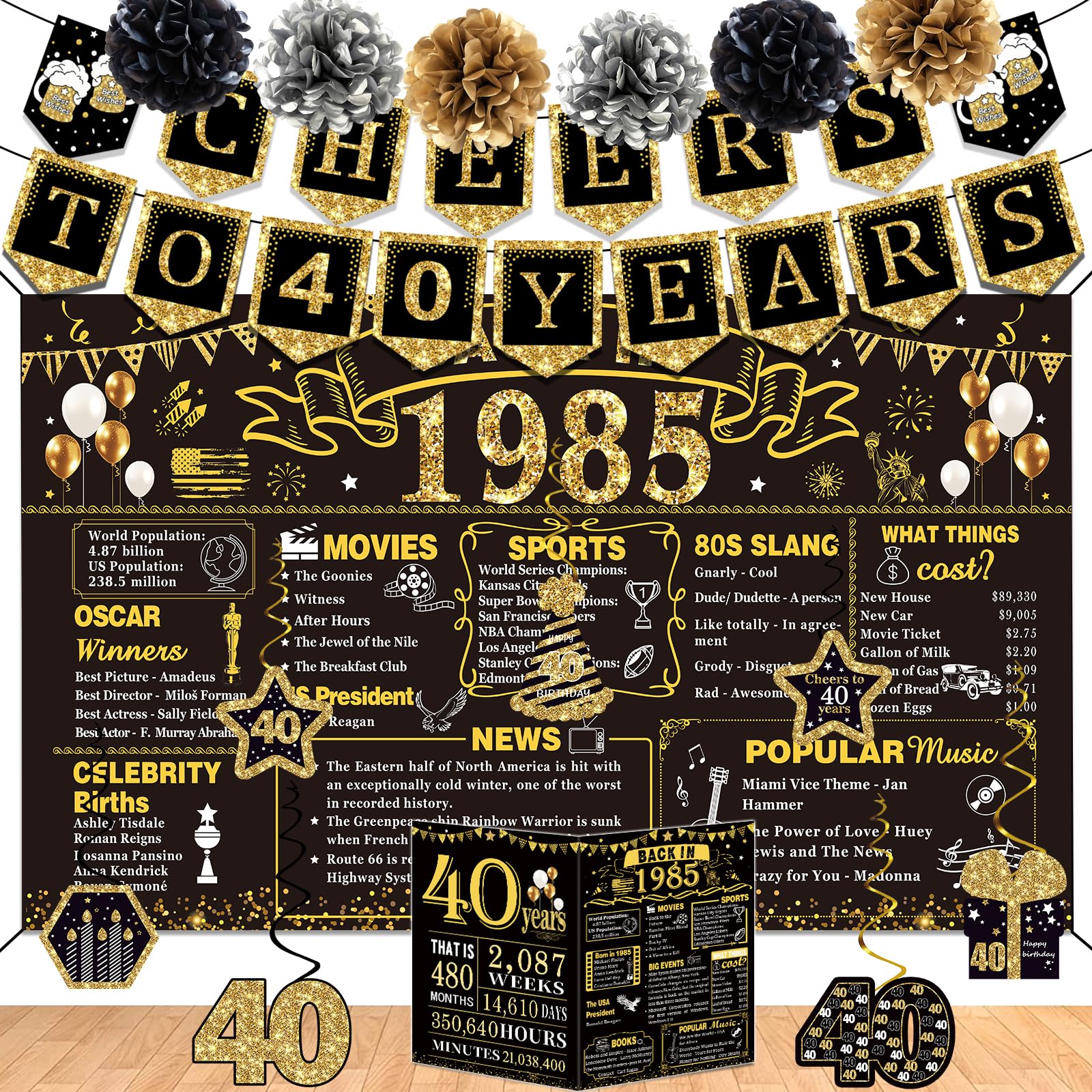 40th Birthday Party Decorations Set - 16PCS Vintage 1985 Theme Backdrop, Cheers to 40 Years Banner, Hanging Swirls & Paper Poms for Men & Women | Perfect for Milestone Anniversary Celebrations, Photo Backdrops & Retro Themed Parties
