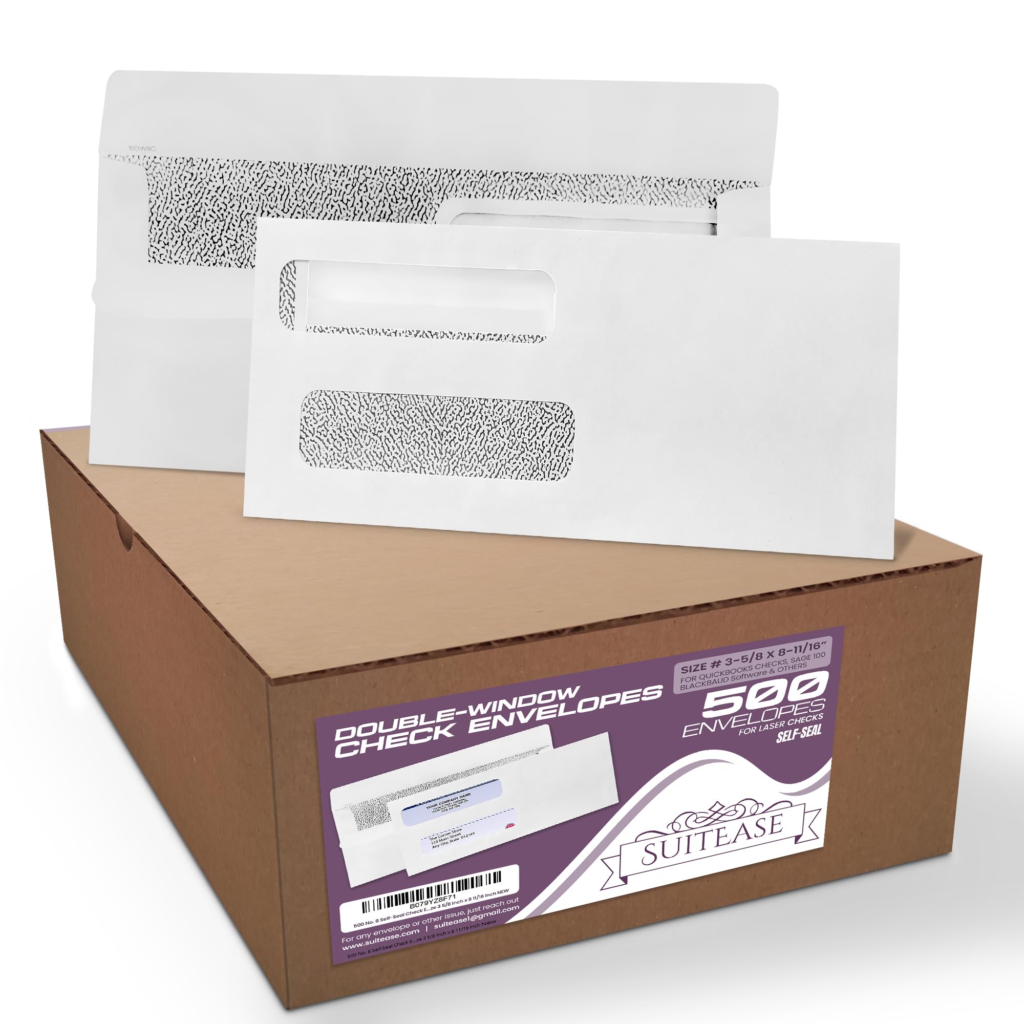 500 No. 8 Self-Seal Check Envelopes for QuickBooks - Security Tinted Double Window (3 5/8