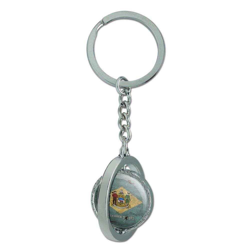 Vintage Rustic Delaware State Flag Keychain - Distressed USA Design, Spinning Round Chrome Plated Metal - Perfect for Gifts, Travel & Key Organization
