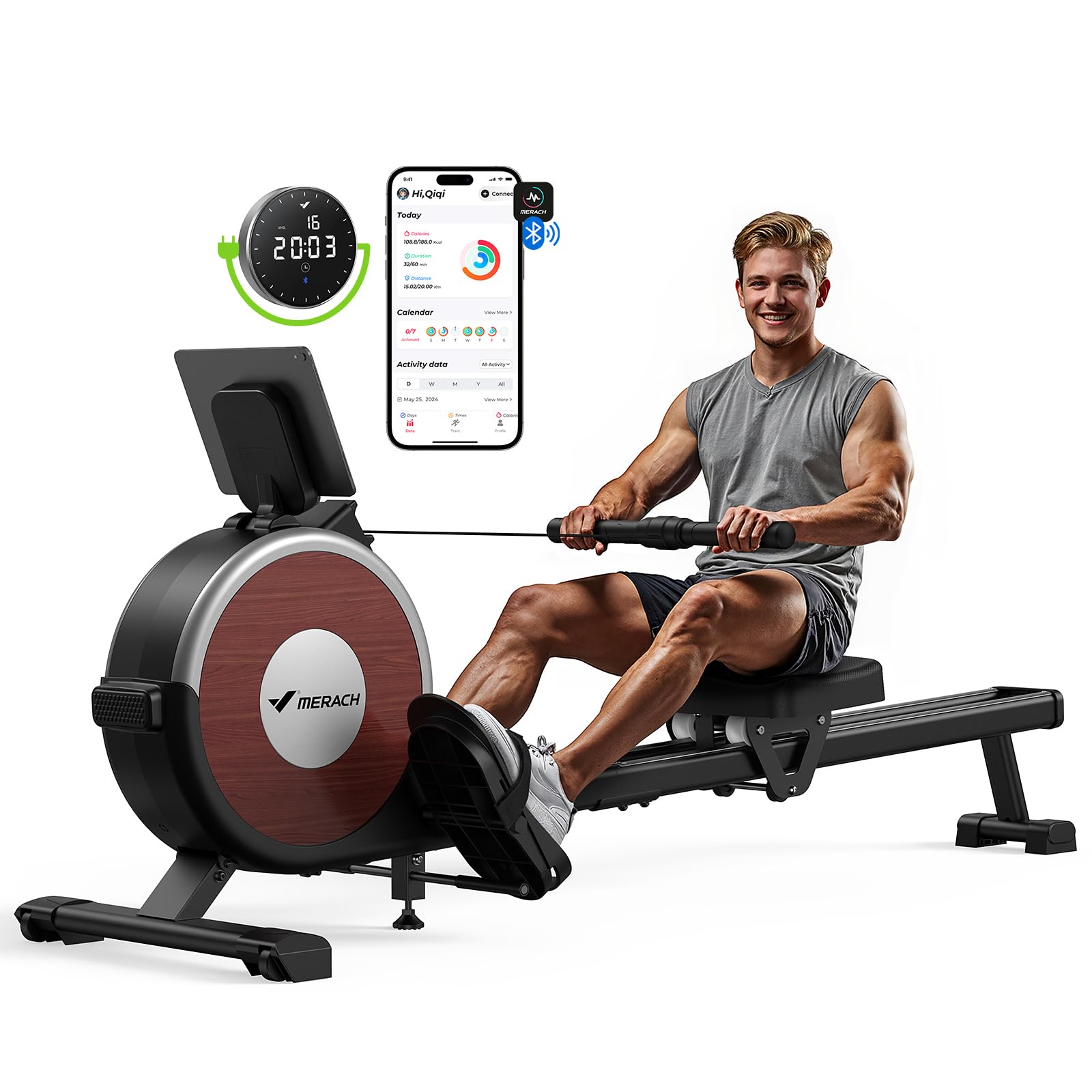 MERACH Magnetic Rowing Machine for Home Workout - 16-Level Quiet Resistance, 350lb Weight Capacity, Dual Slide Rail System, Bluetooth App Compatible - Perfect for Full-Body Exercise & Small Space Home Gyms