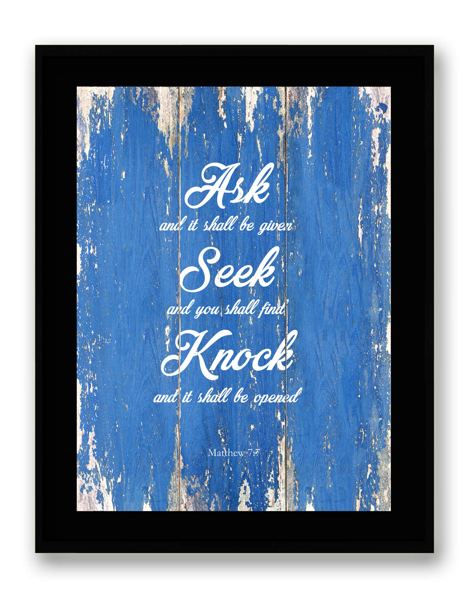 Matthew 7:7 Bible Verse Framed Art - Black Wood Frame, Blue - Home & Office Decor