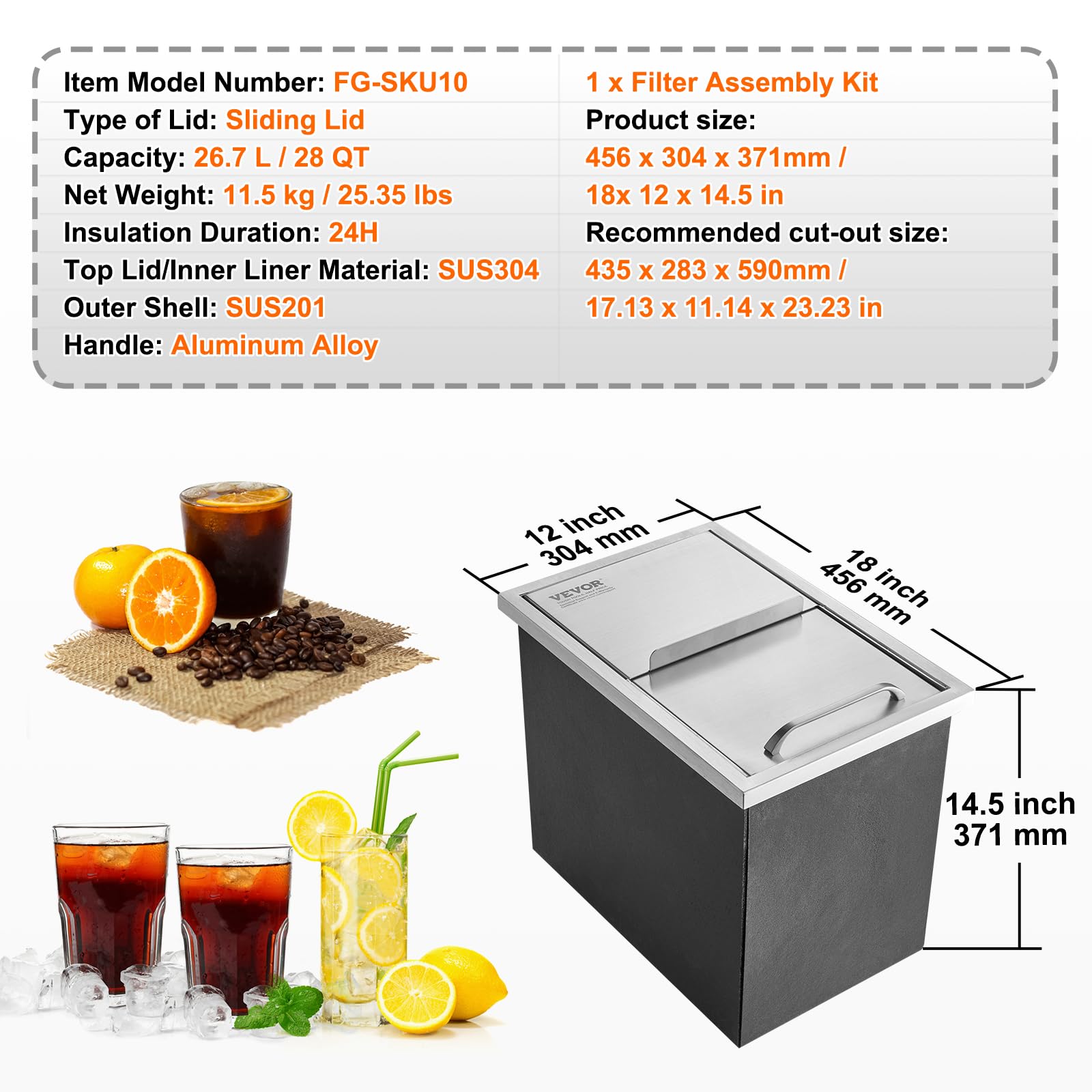 VEVOR 40.9 QT Stainless Steel Drop-In Ice Chest Cooler - 18
