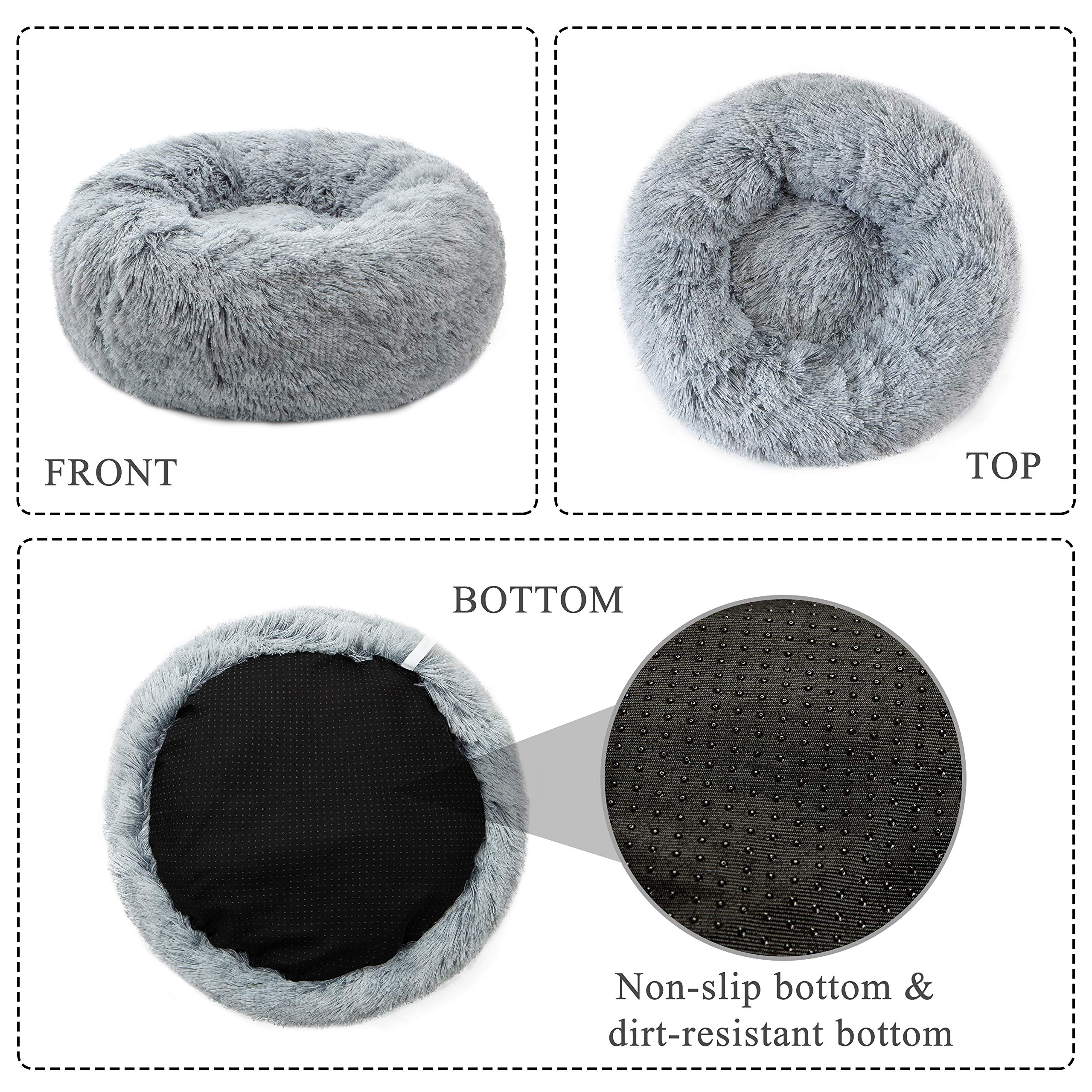 Calming Donut Dog Bed Medium - Plush Round Anti-Anxiety Pet Bed for Dogs & Cats, Soft Faux Fur Marshmallow Cushion (24 Inch, Grey) - Perfect for Anxiety Relief, Cuddling & Cozy Napping in Living Room or Bedroom