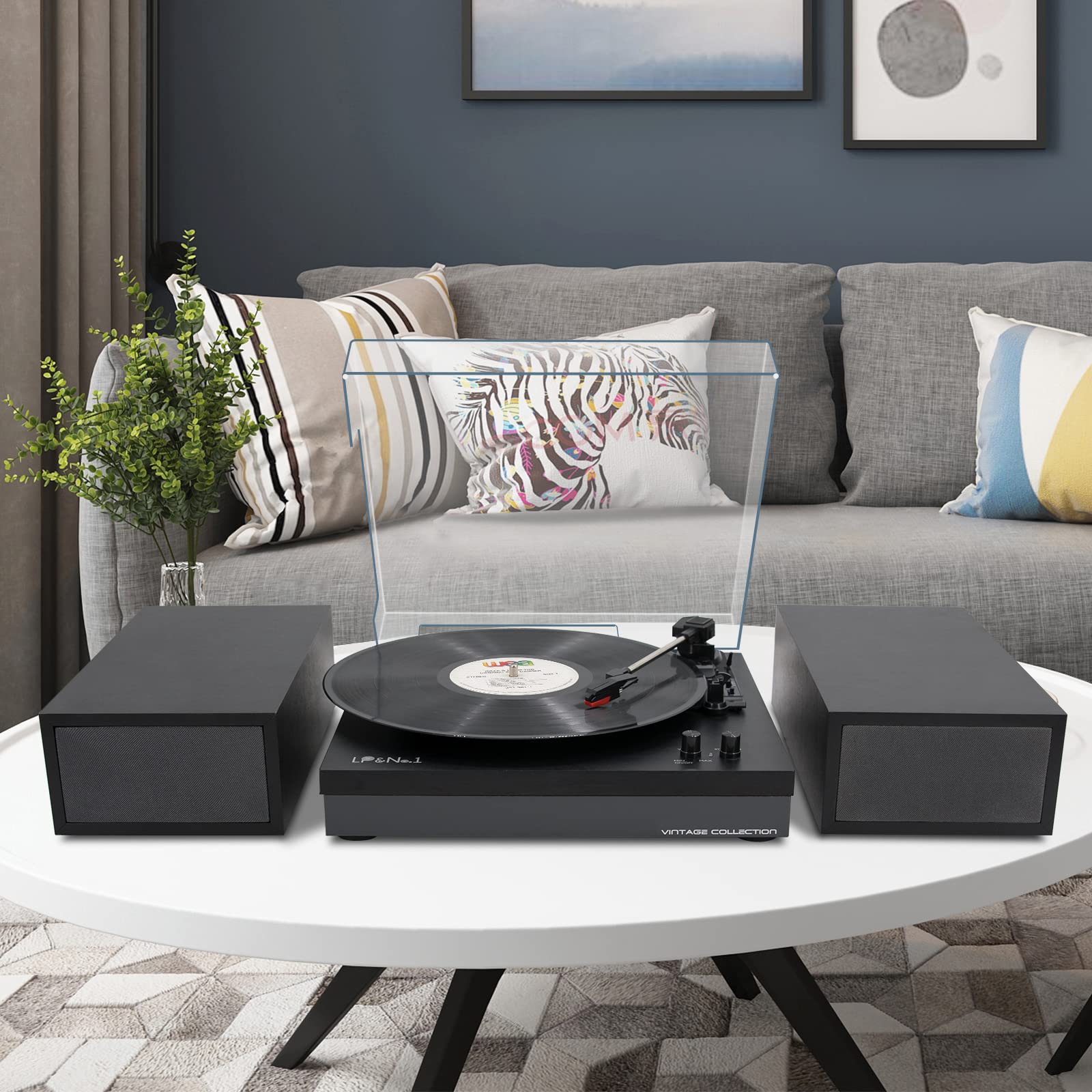 3-Speed Belt-Drive Vinyl Record Player with Stereo Bookshelf Speakers - Wireless Bluetooth Playback, Auto Stop & RCA Output | Black Leather Turntable for Home, Office & Music Lovers