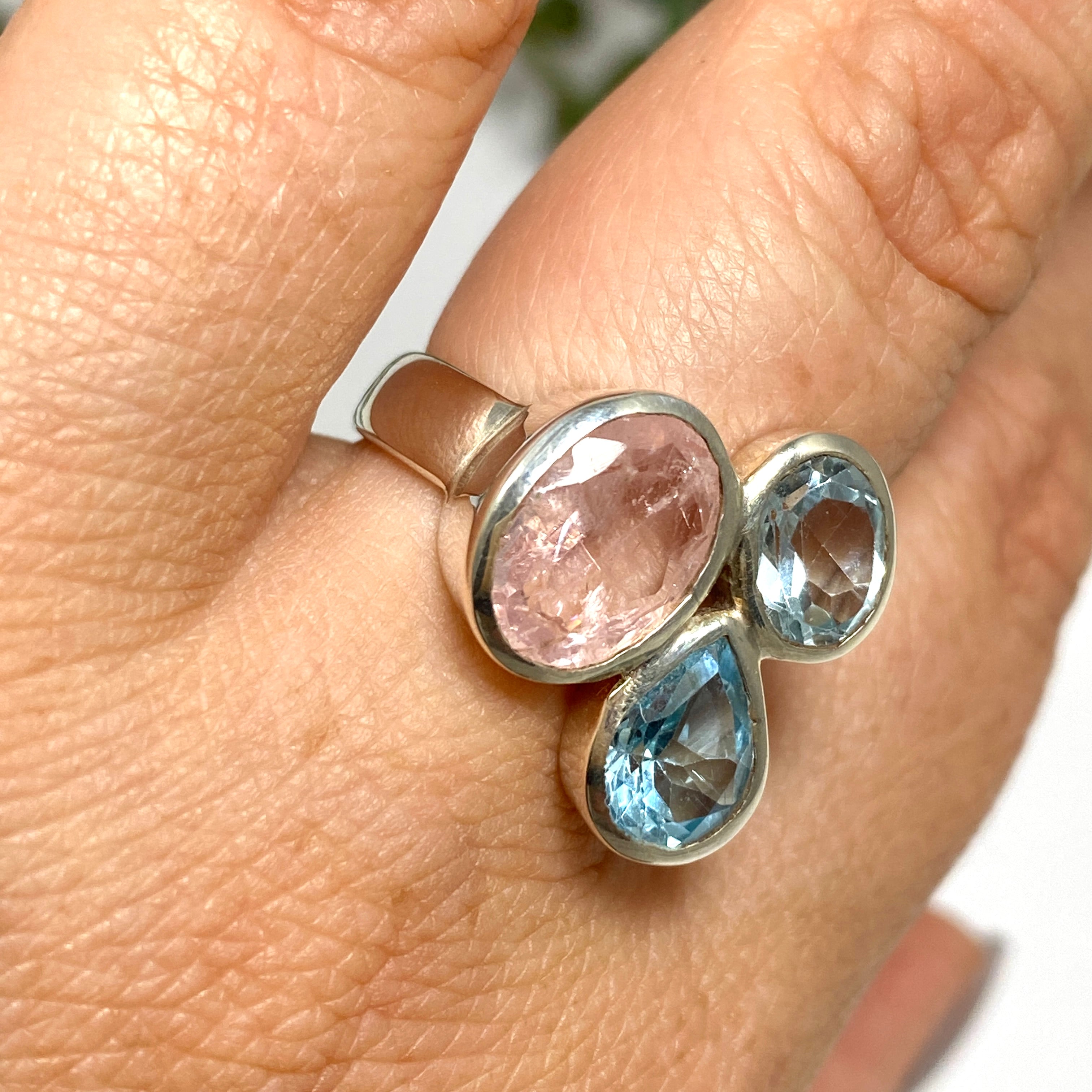 Morganite & Blue Topaz Faceted Multi-Stone Ring - Size 7.5 - PRGJ619 - Perfect for Engagement, Anniversary & Special Occasion Gifts