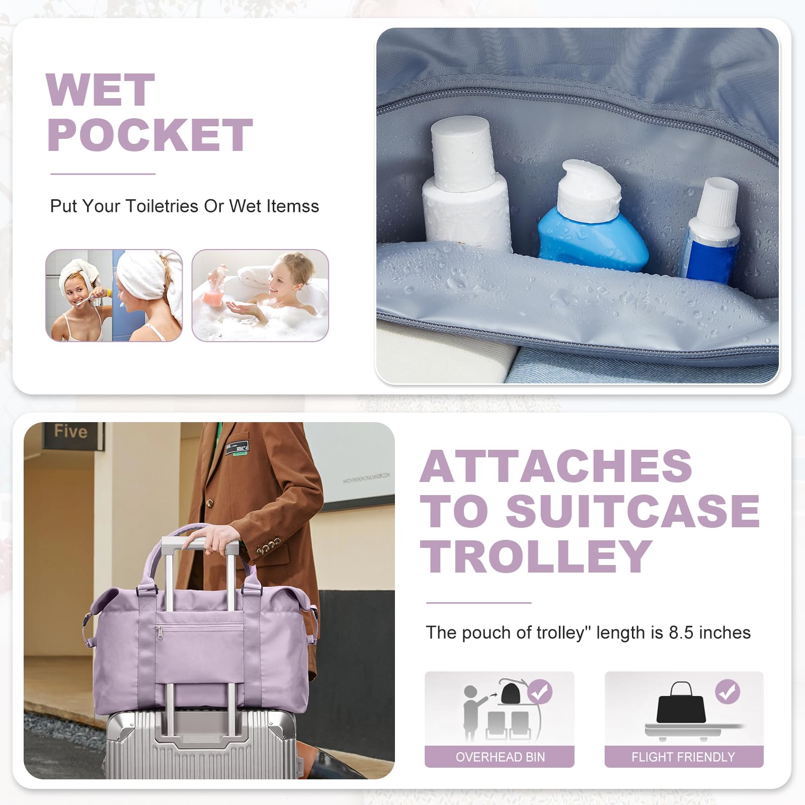 Light Purple Extra Large Travel Duffel Bag with Toiletry Bag - Women's Weekender Overnight Carry-on Gym Bag with Wet Pocket - Perfect for Travel, Gym, and Weekend Getaways